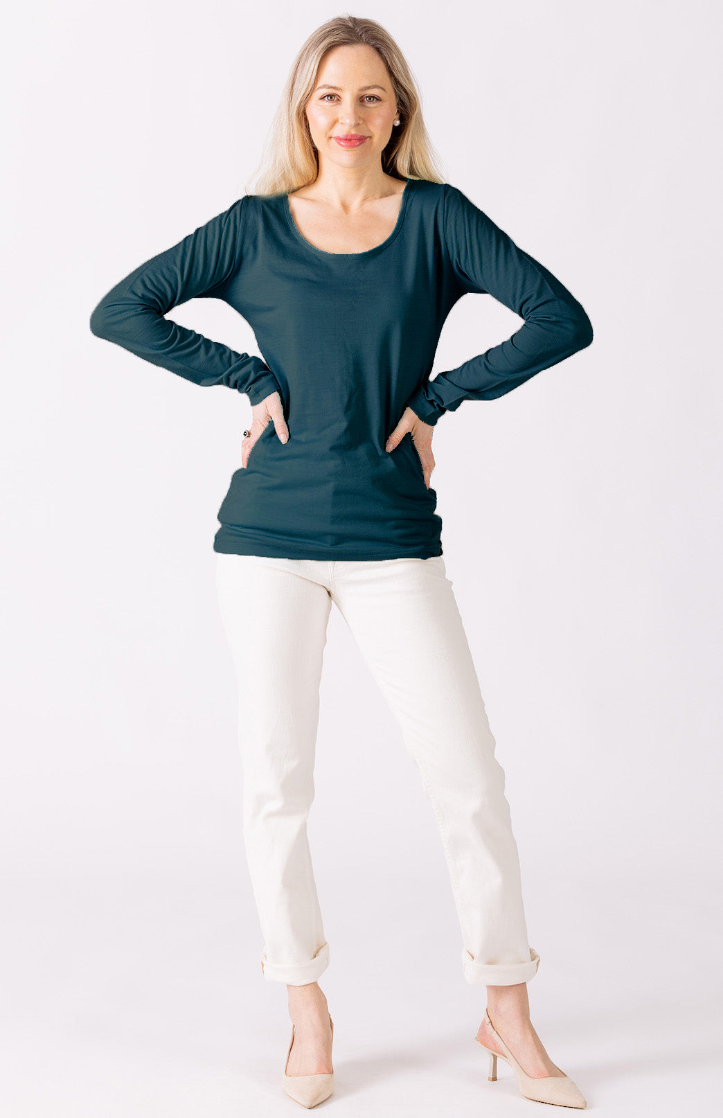 Navy Blue & Cream French Stripe Women's Merino Wool Long Sleeve Fashion &amp;amp; Layering Top
