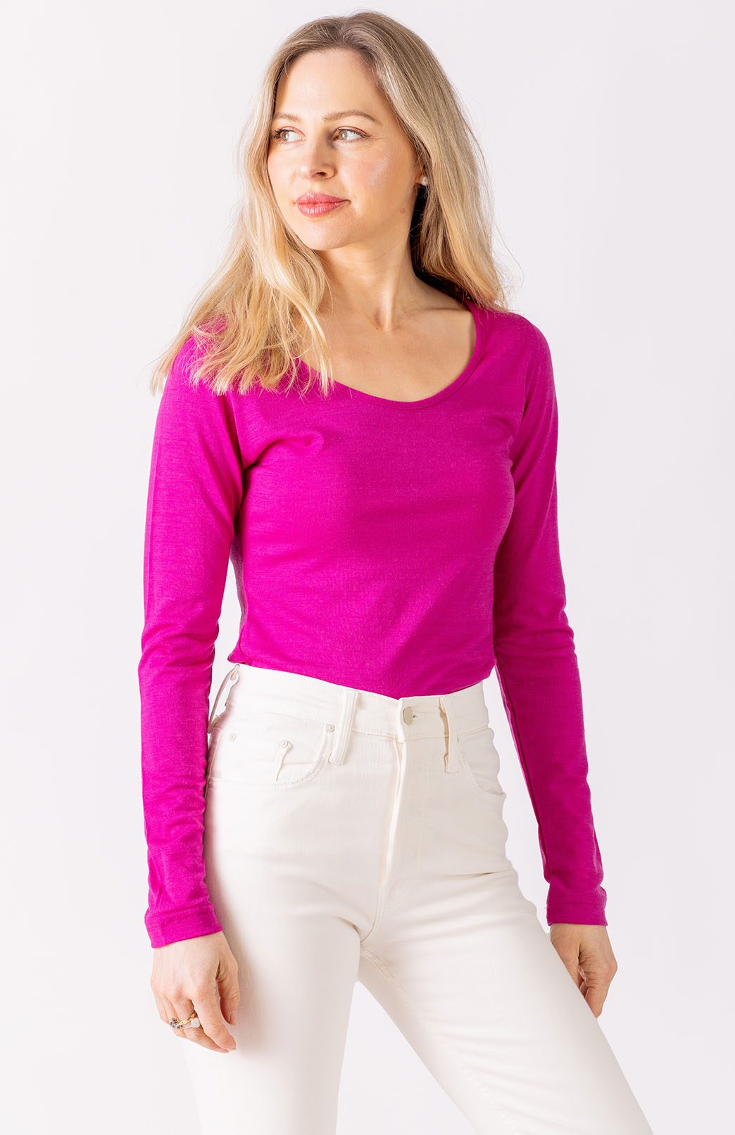 Fuchsia Pink Women's Merino Wool Long Sleeve Fashion &amp; Layering Top