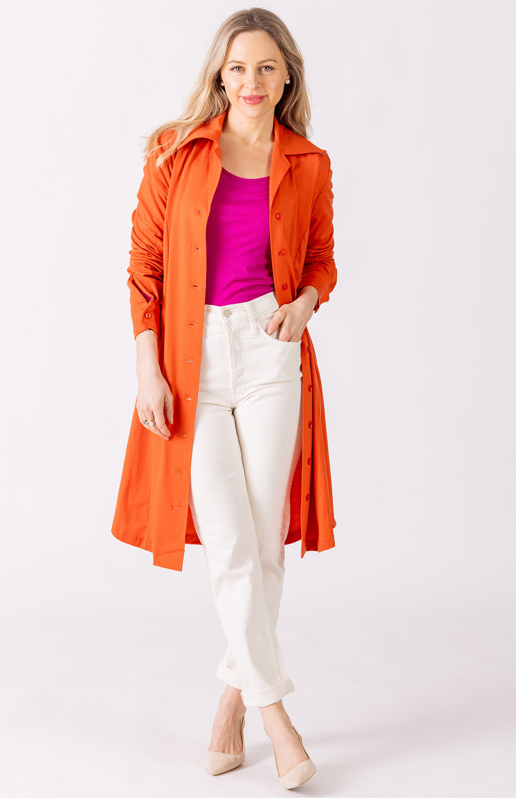 Burnt Orange Women's Merino Wool Long Sleeve Shirt Dress with Collar and Waist Tie