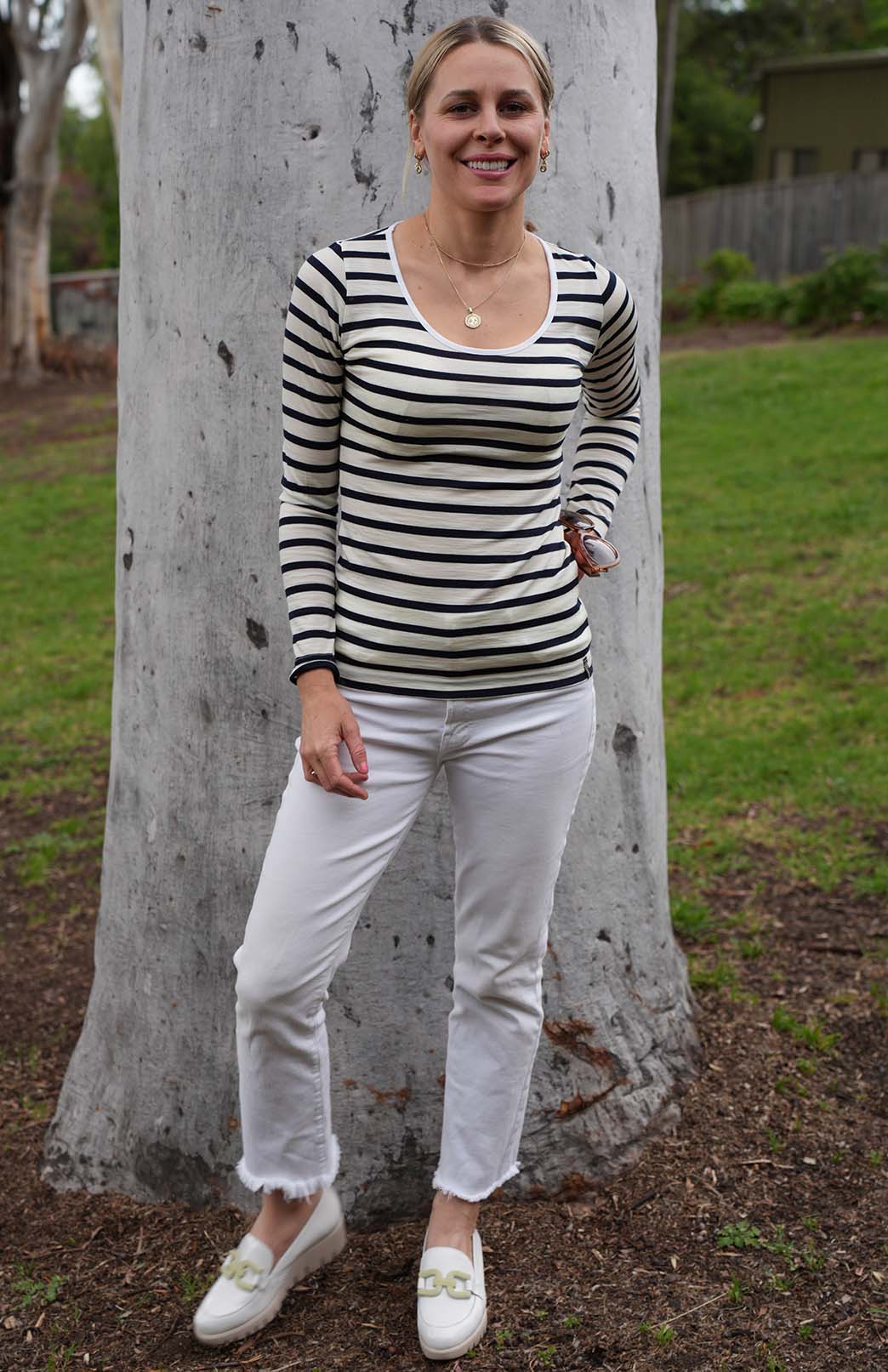 Navy Blue & Cream French Stripe Women's Merino Wool Long Sleeve Fashion &amp; Layering Top