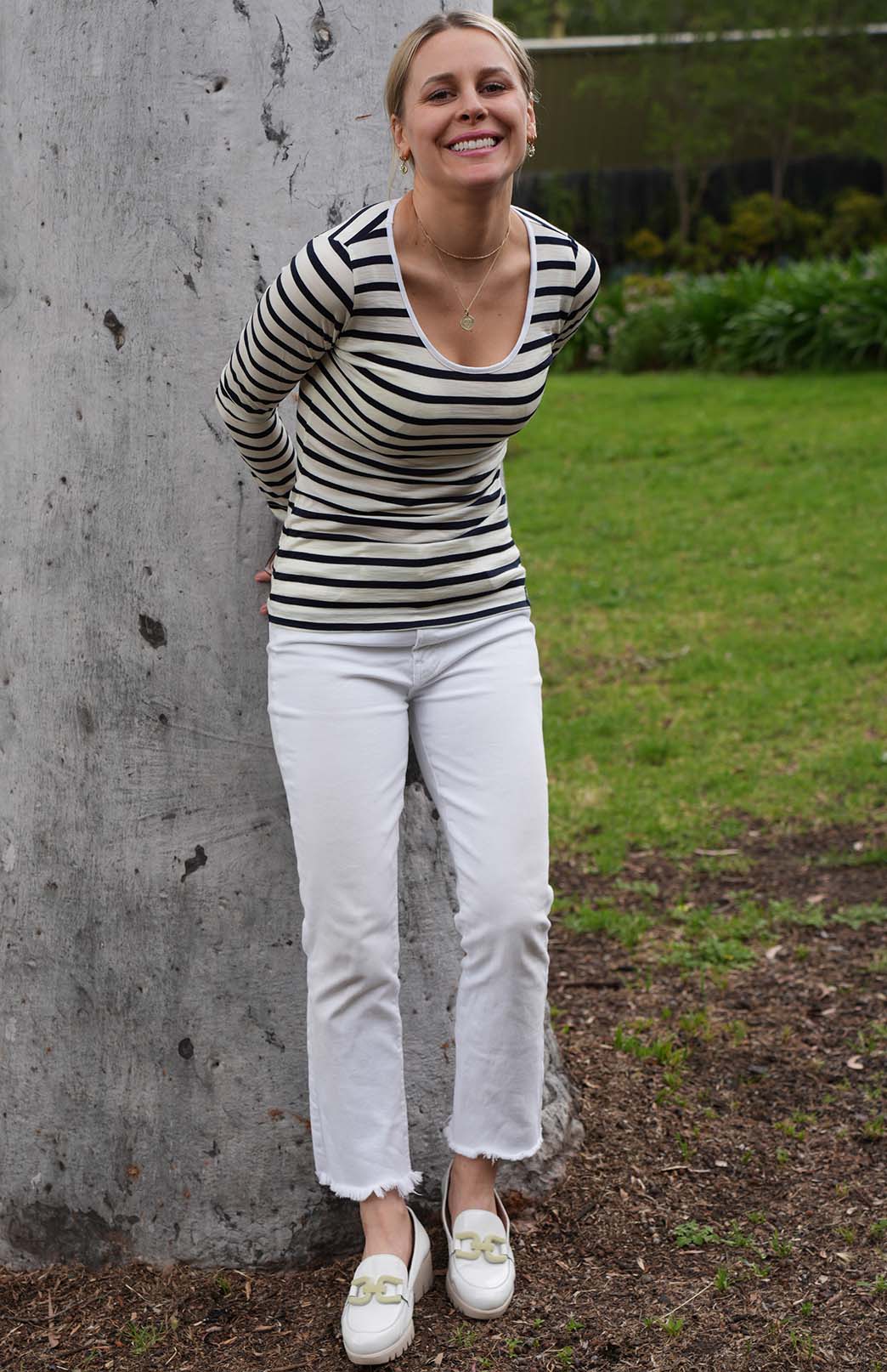 Navy Blue & Cream French Stripe Women's Merino Wool Long Sleeve Fashion &amp; Layering Top