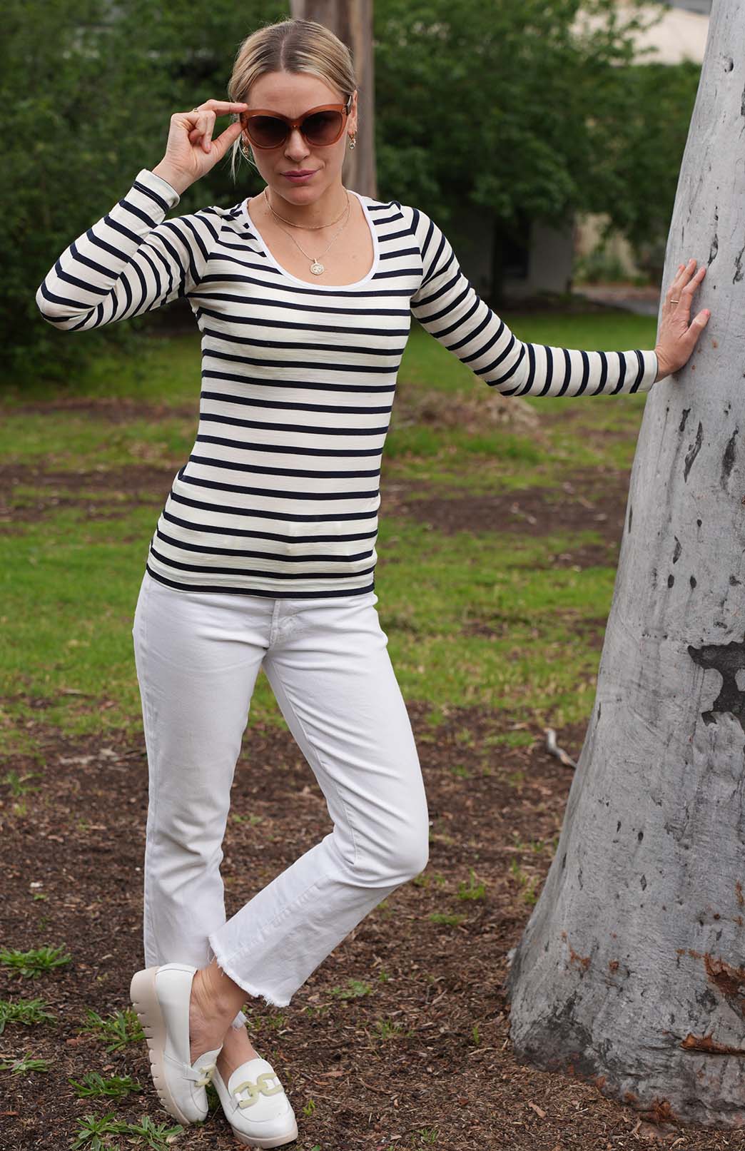 Navy Blue & Cream French Stripe Women's Merino Wool Long Sleeve Fashion &amp; Layering Top