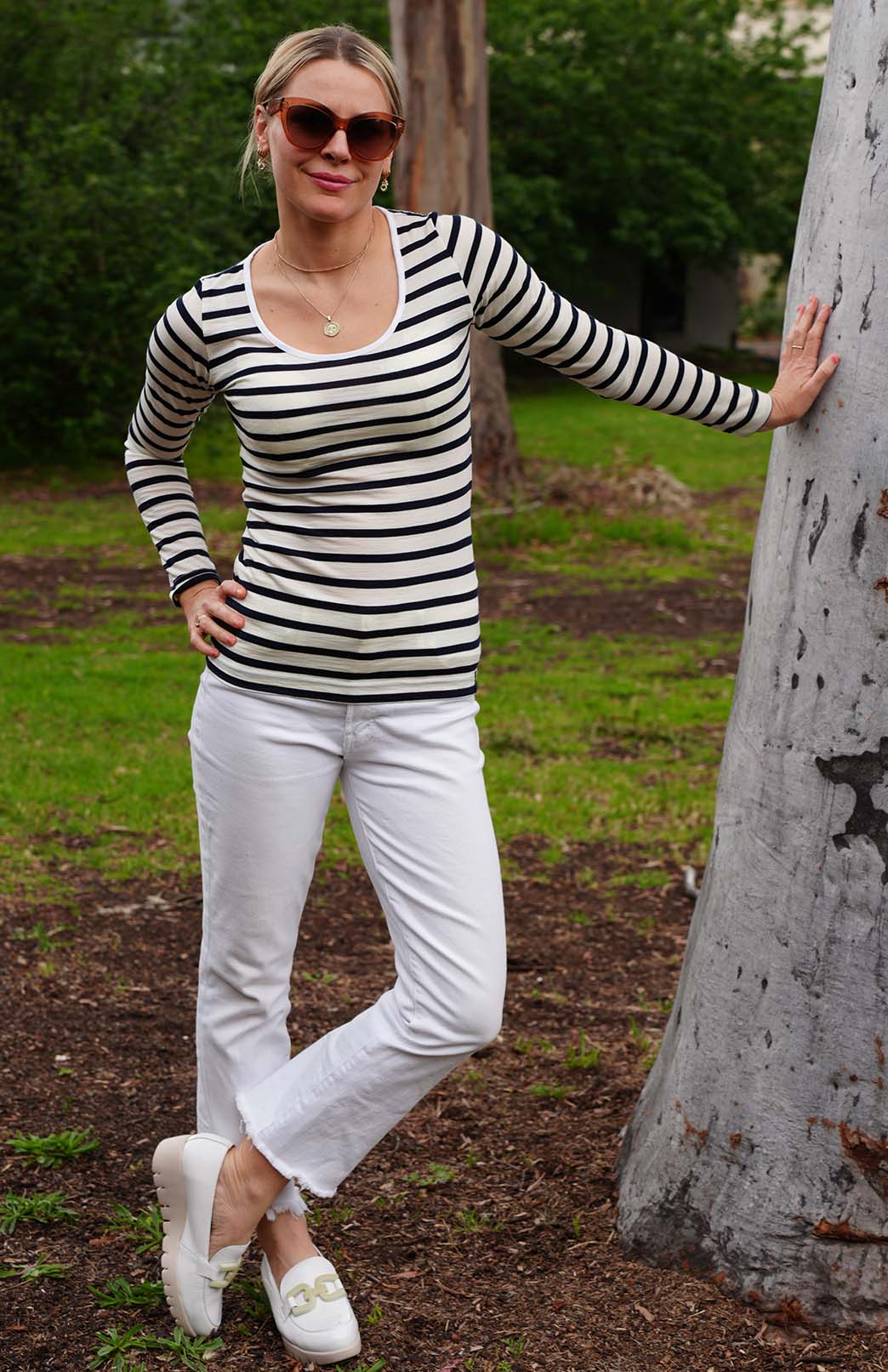 Navy Blue & Cream French Stripe Women's Merino Wool Long Sleeve Fashion &amp; Layering Top