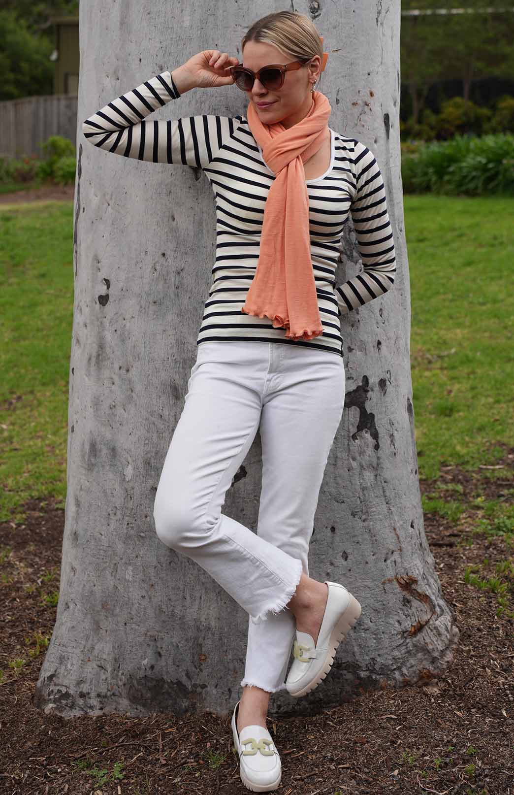 Navy Blue & Cream French Stripe Women's Merino Wool Long Sleeve Fashion &amp; Layering Top