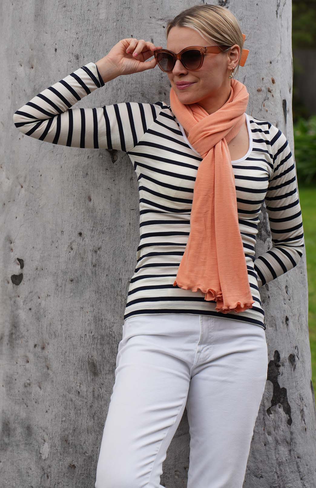 Navy Blue & Cream French Stripe Women's Merino Wool Long Sleeve Fashion &amp; Layering Top