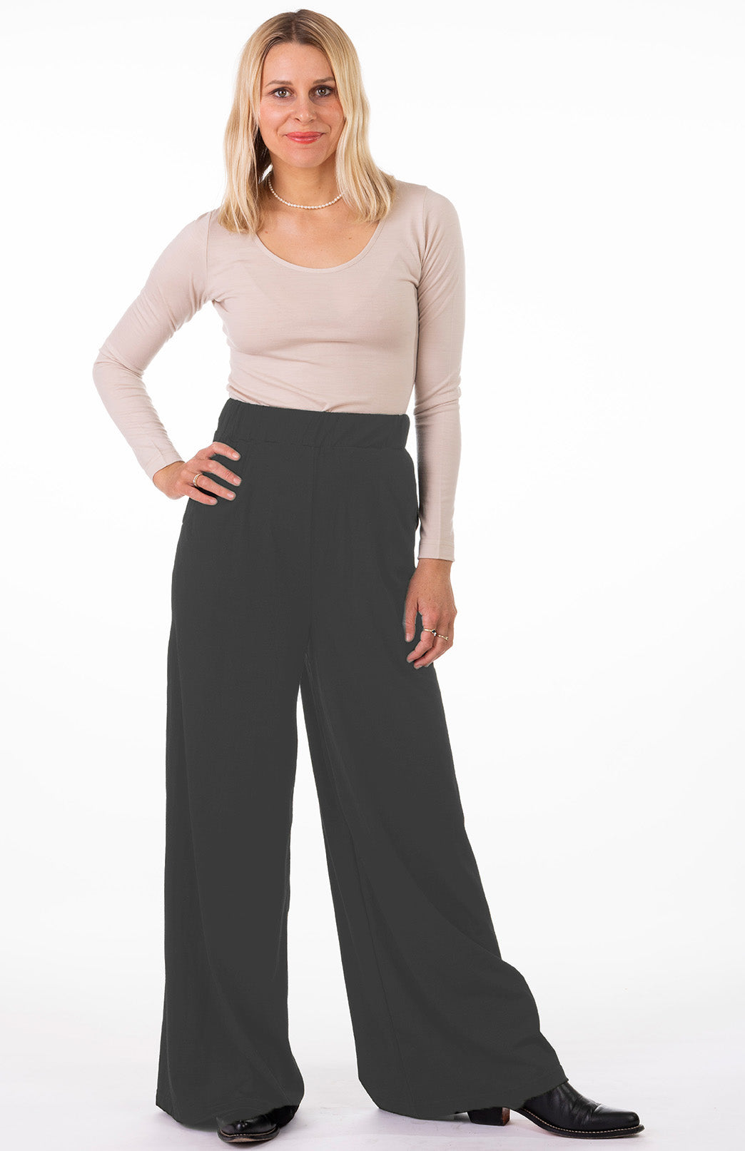 Charcoal Marl Women's Merino Wool Wide Leg Pants with Pockets