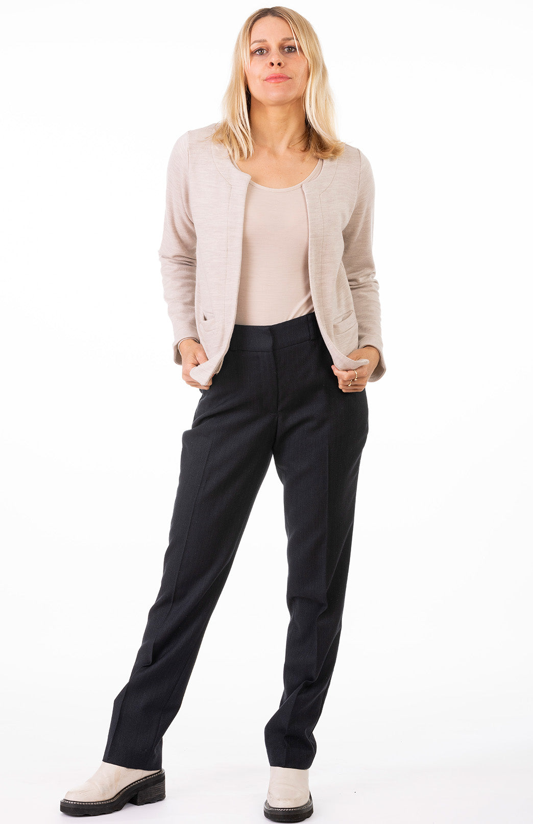 Obsidian Grey Herringbone Women&#39;s Superfine Merino Wool Herringbone Straight Leg Pants with Silk lining 
