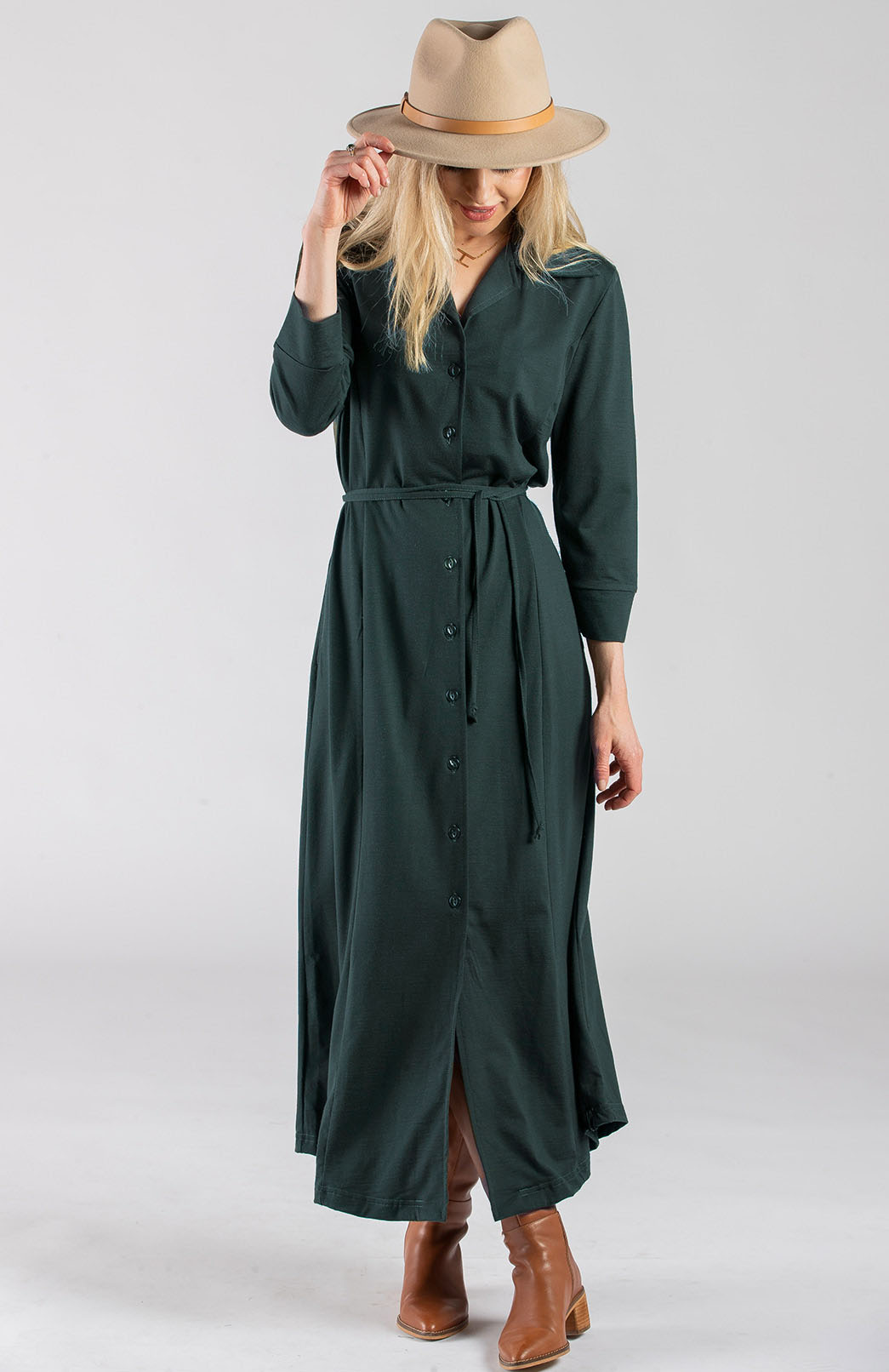 Deep Sea Green Women&#39;s Maxi Length Shirt Dress with waist tie

