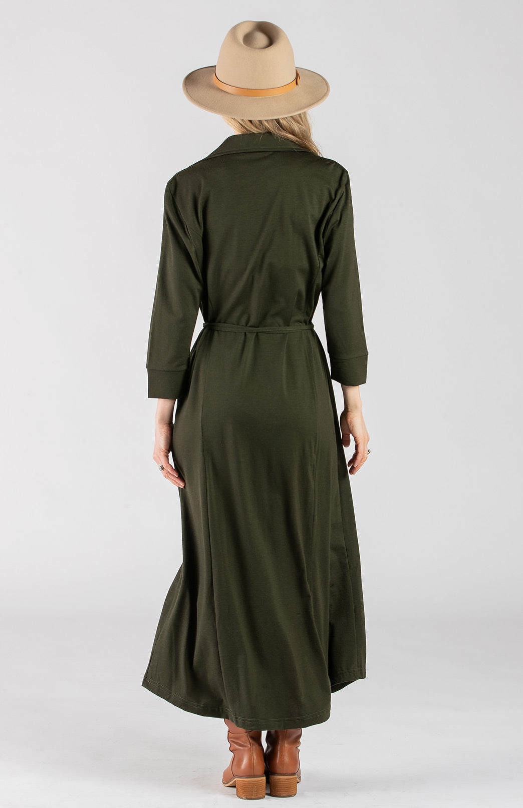 Kale Green Women's Maxi Length Shirt Dress with waist tie