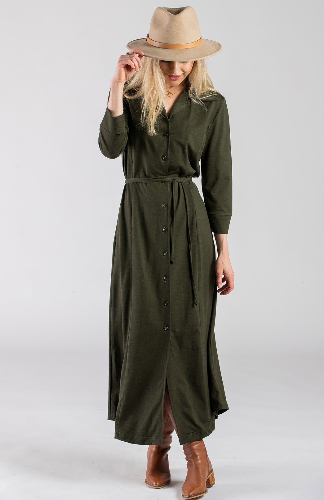 Kale Green Women's Maxi Length Shirt Dress with waist tie