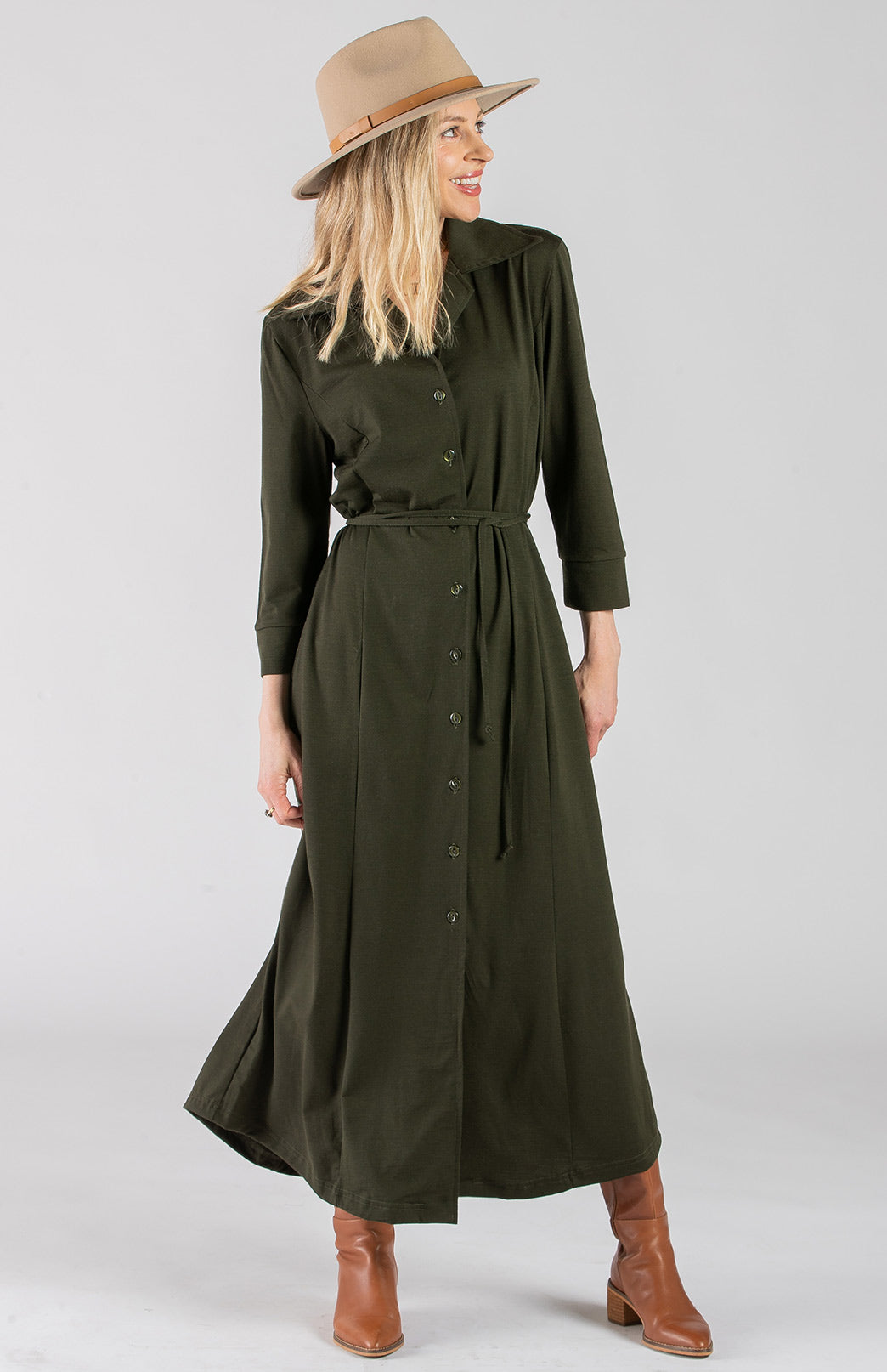 Kale Green Women&#39;s Maxi Length Shirt Dress with waist tie
