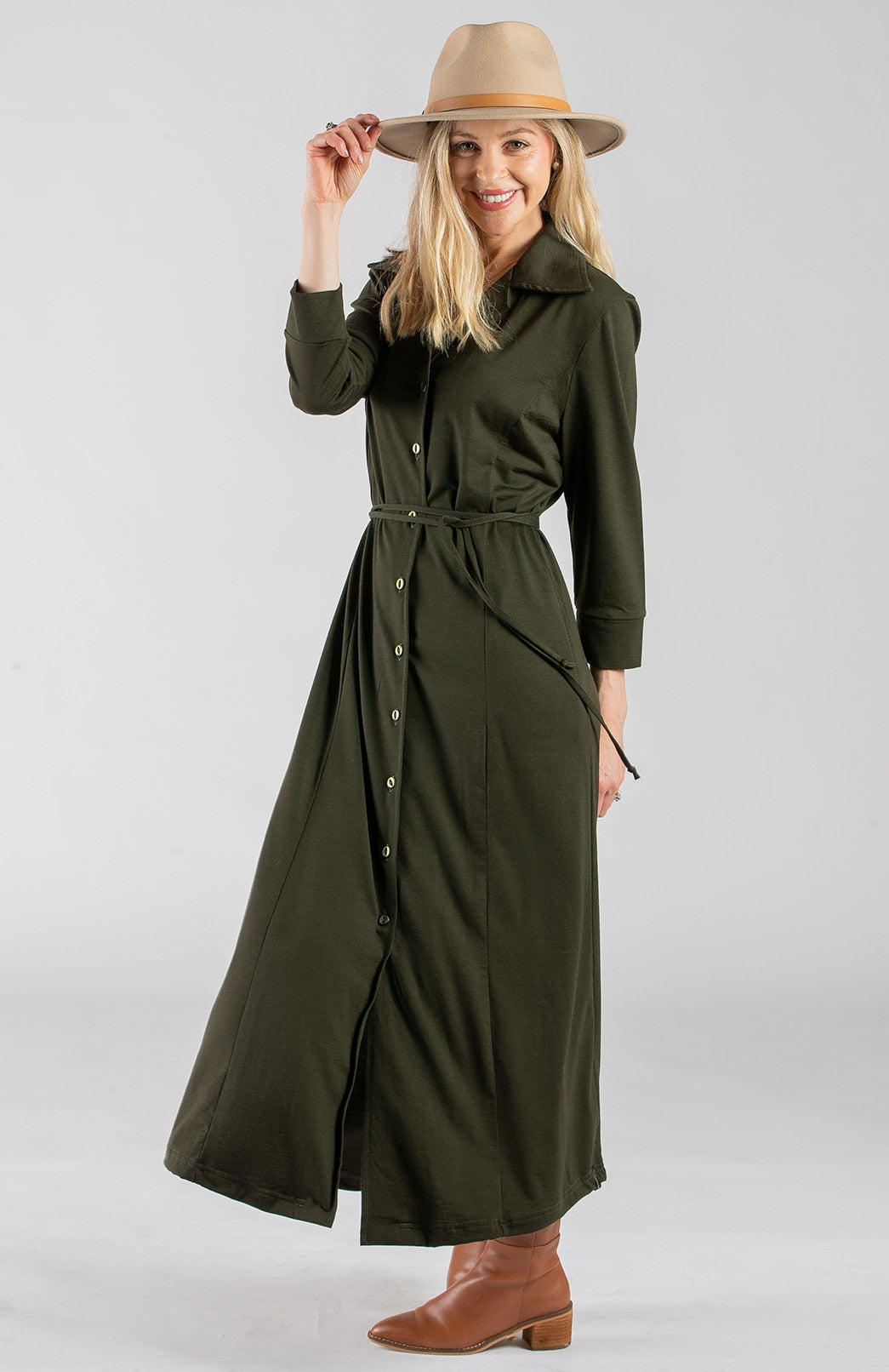 Kale Green Women's Maxi Length Shirt Dress with waist tie