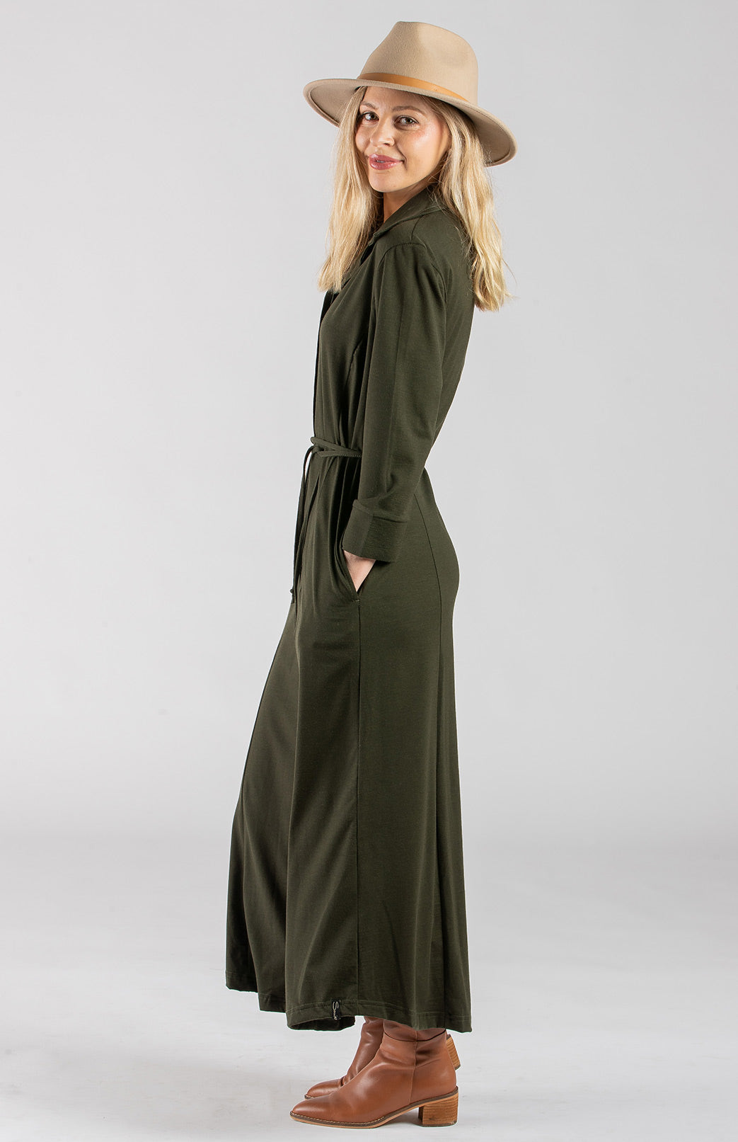 Kale Green Women's Maxi Length Shirt Dress with waist tie