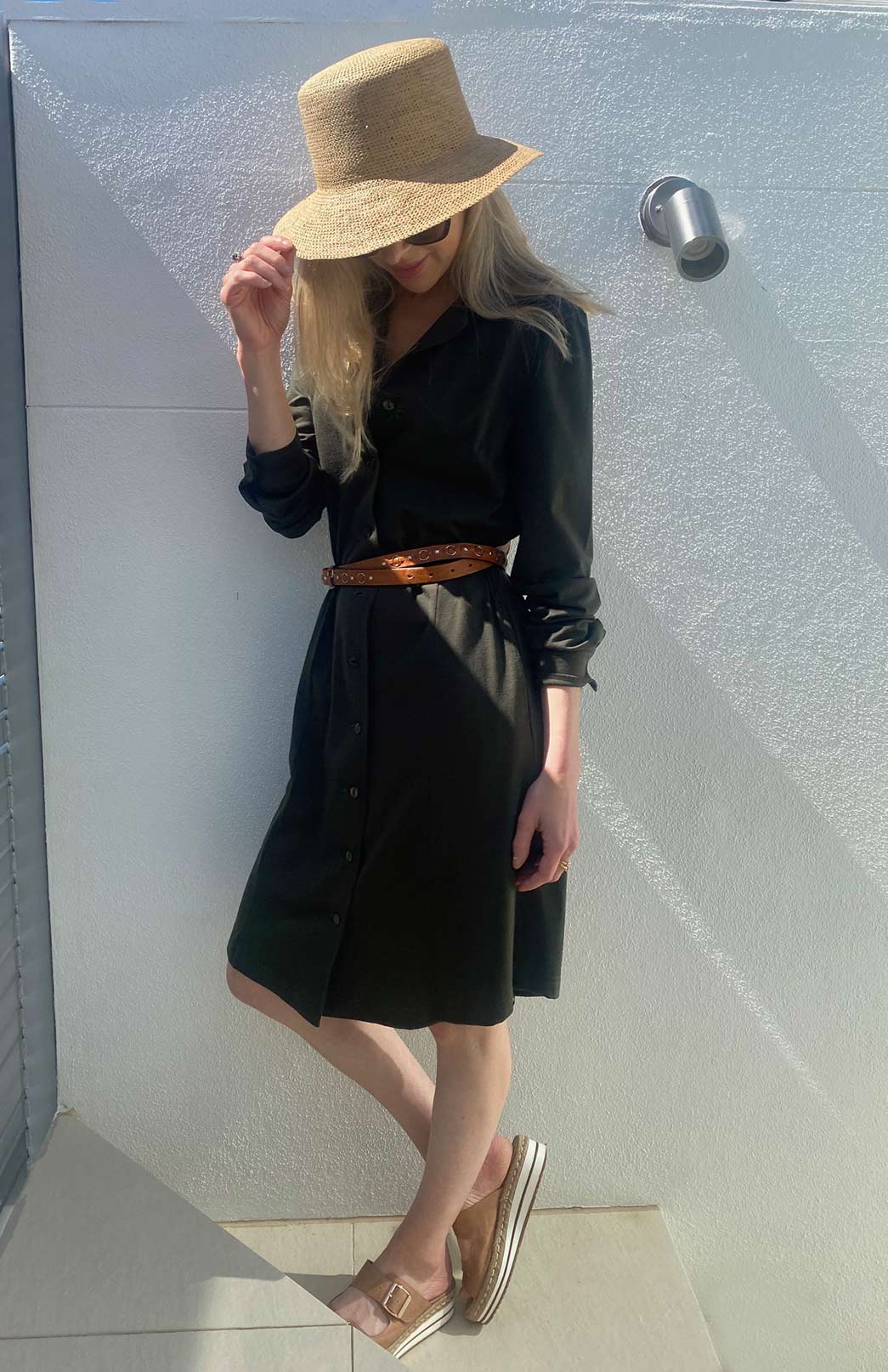 Kale Green Women's Merino Wool Long Sleeve Shirt Dress with Collar and Waist Tie