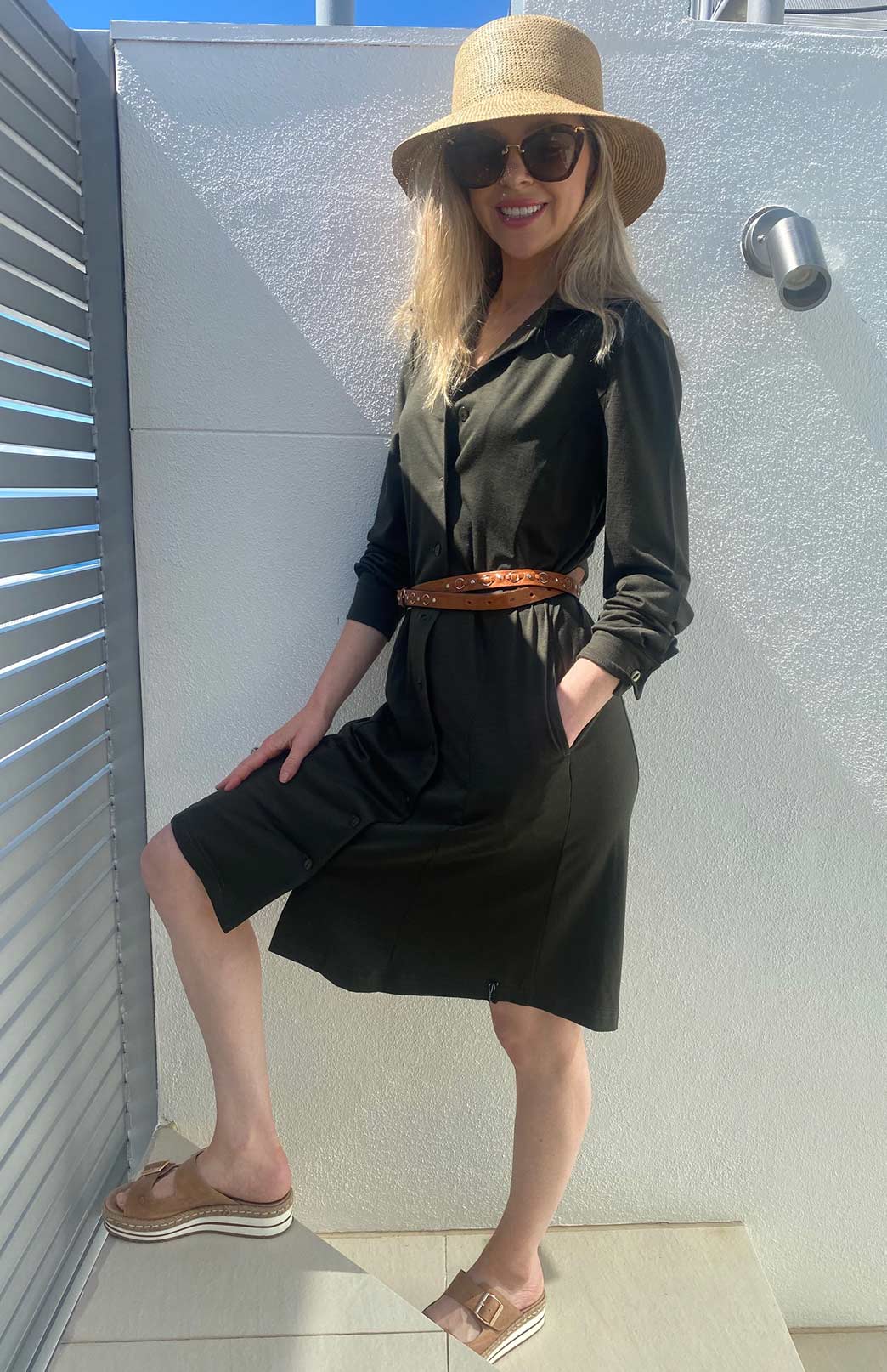 Kale Green Women's Merino Wool Long Sleeve Shirt Dress with Collar and Waist Tie