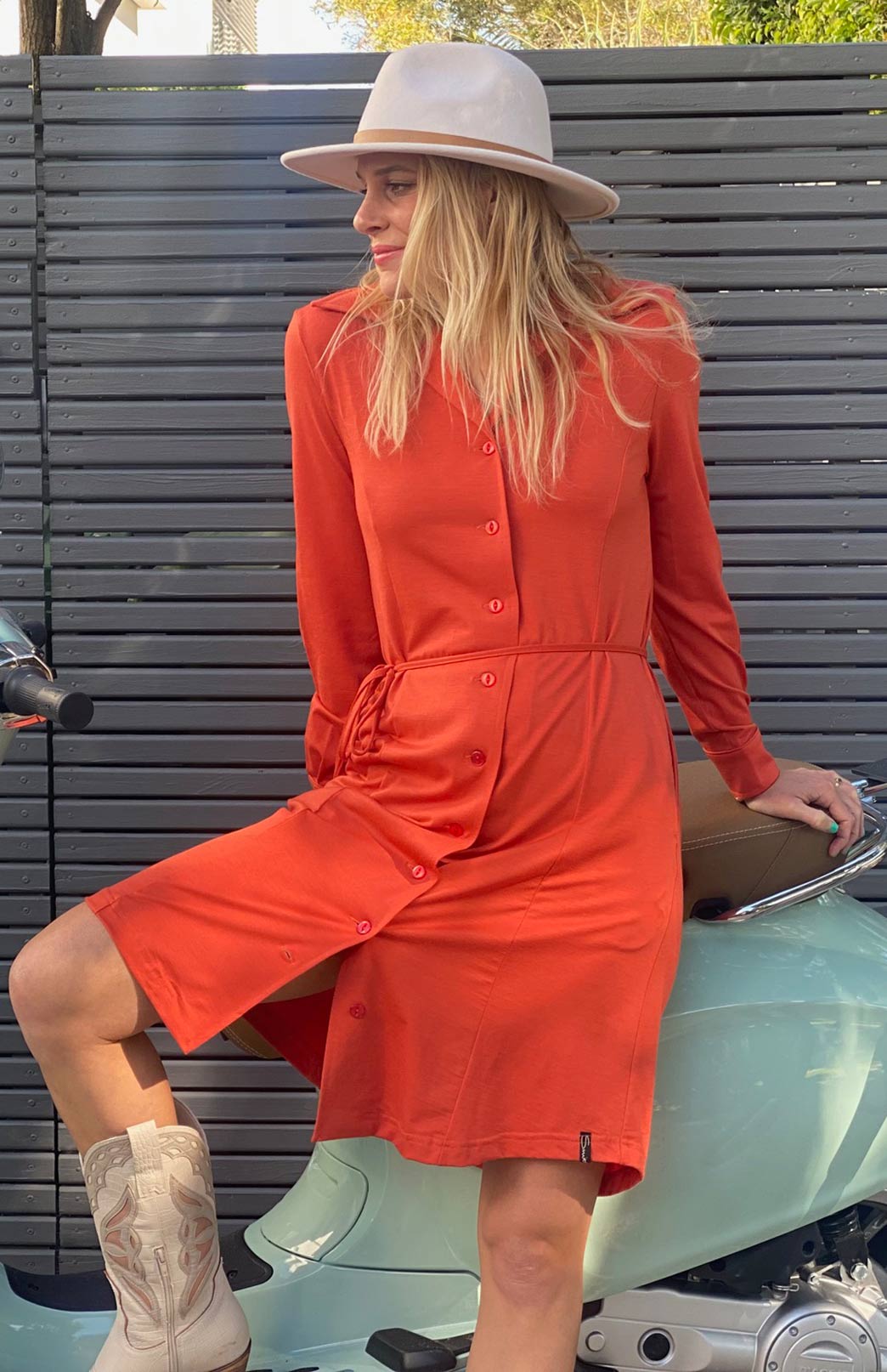 Burnt Orange Women's Merino Wool Long Sleeve Shirt Dress with Collar and Waist Tie