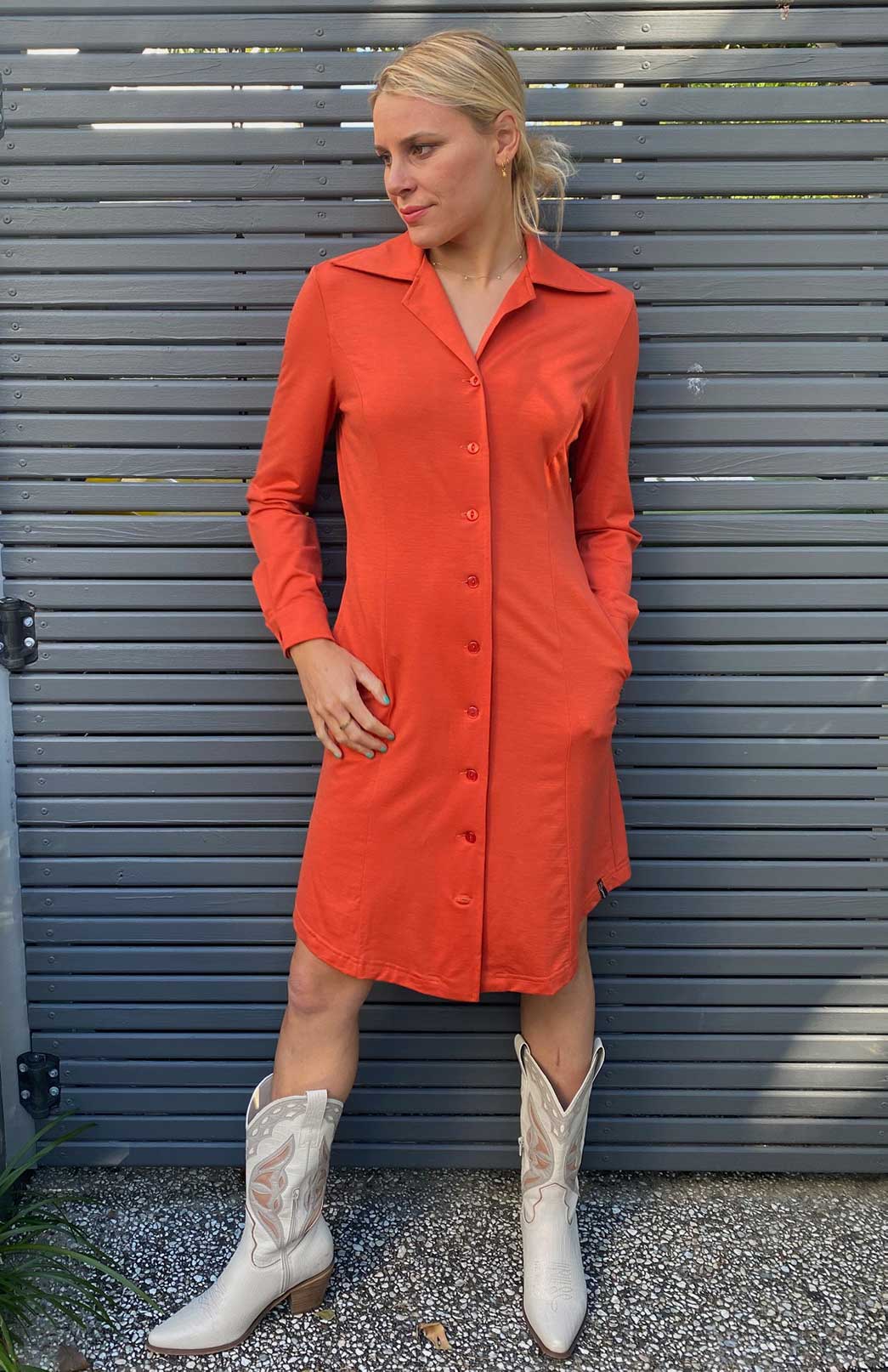 Burnt Orange Women's Merino Wool Long Sleeve Shirt Dress with Collar and Waist Tie