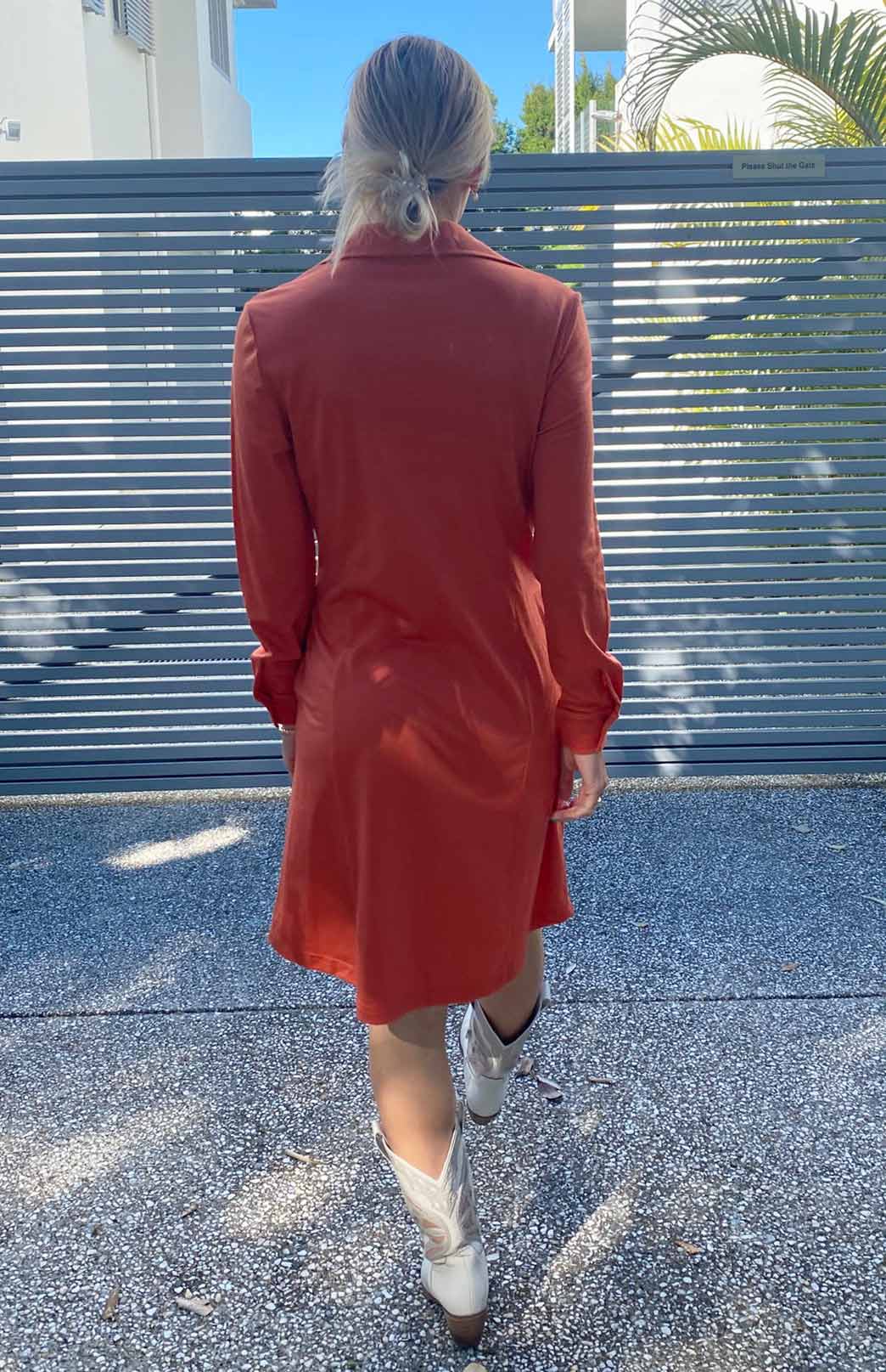 Burnt Orange Women's Merino Wool Long Sleeve Shirt Dress with Collar and Waist Tie