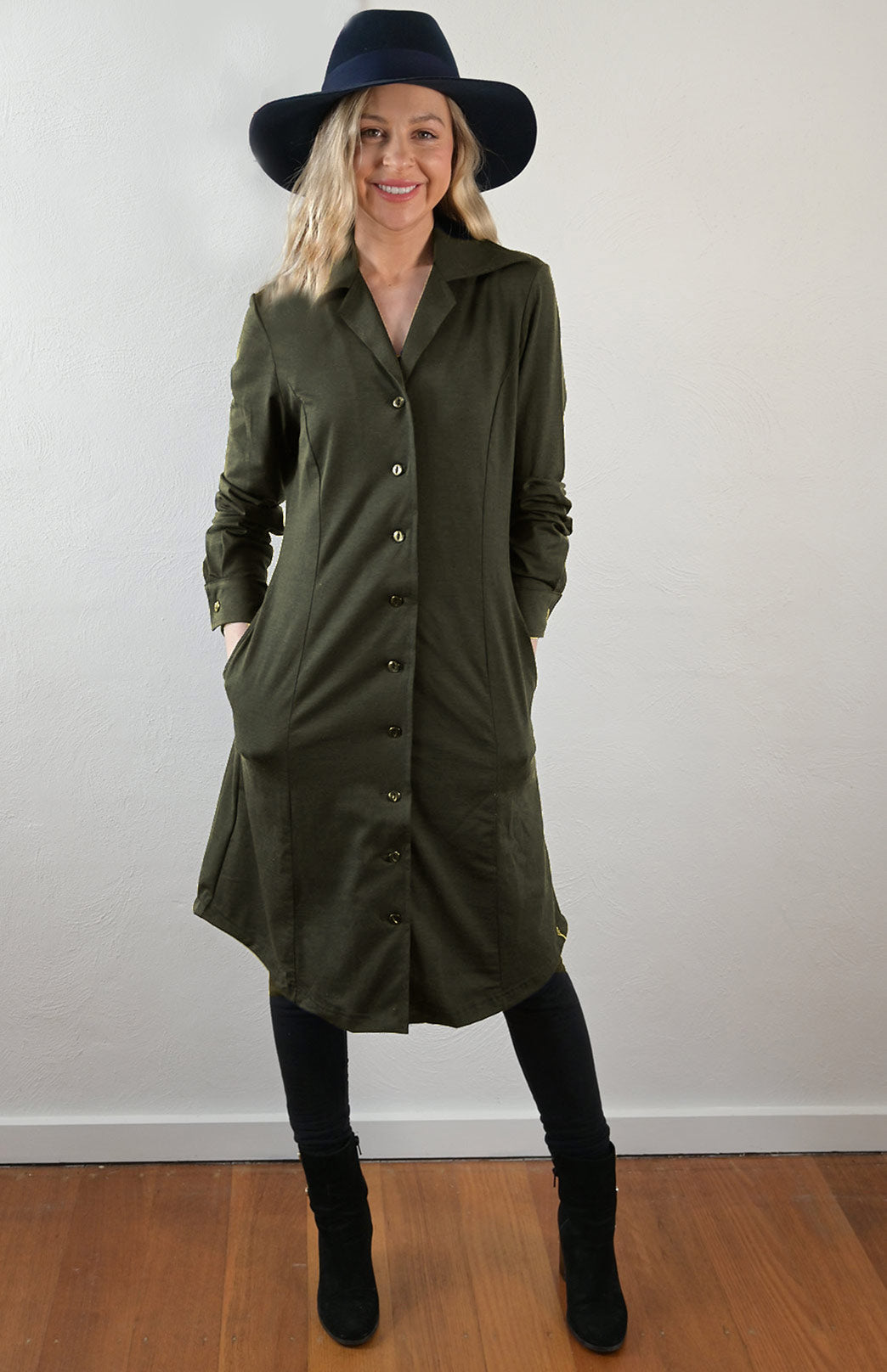 Kale Green Women's Merino Wool Long Sleeve Shirt Dress with Collar and Waist Tie