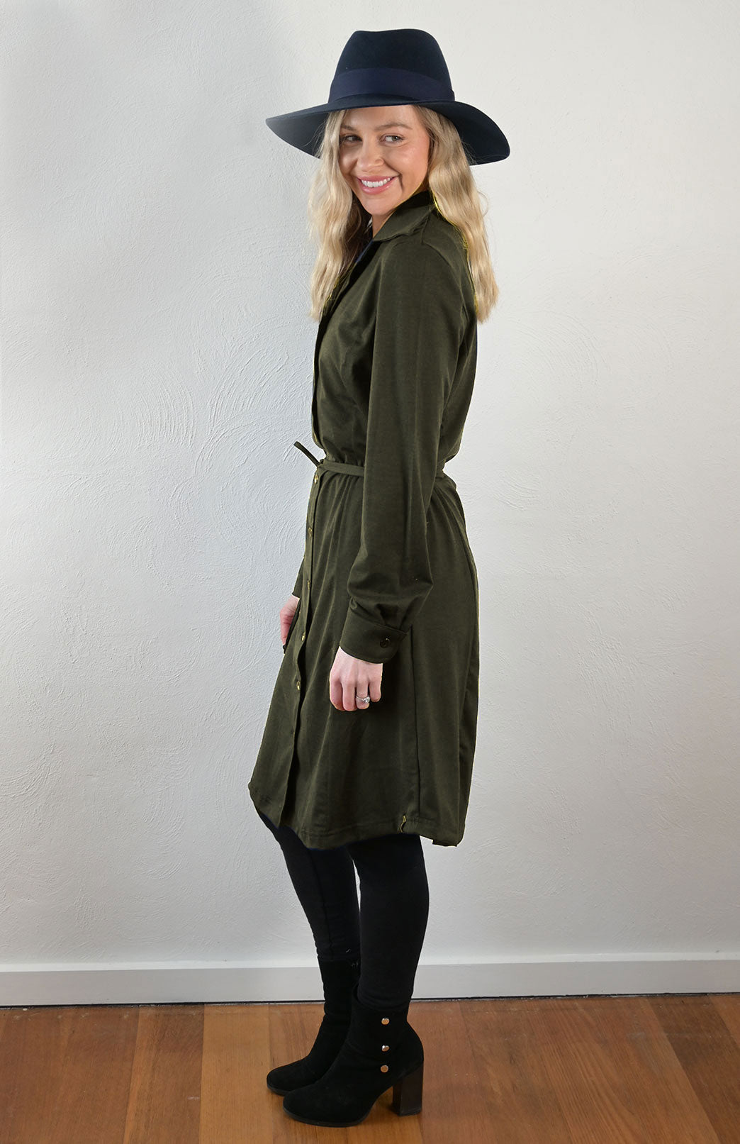 Kale Green Women's Merino Wool Long Sleeve Shirt Dress with Collar and Waist Tie