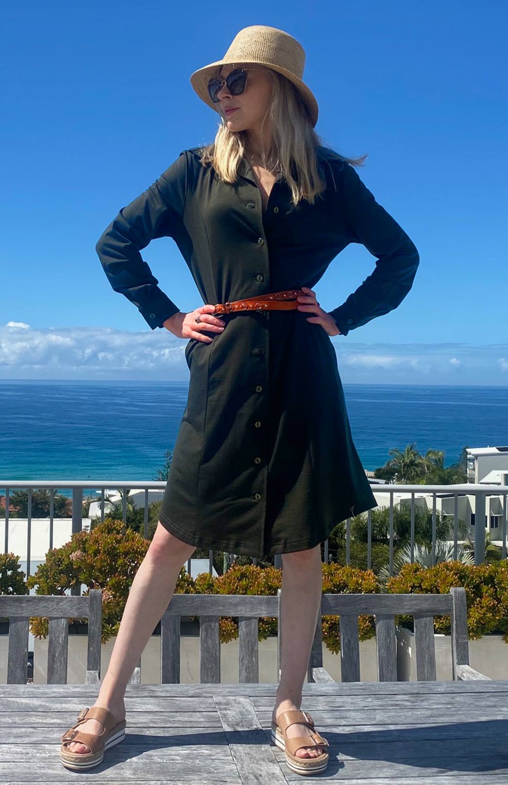 Kale Green Women's Merino Wool Long Sleeve Shirt Dress with Collar and Waist Tie