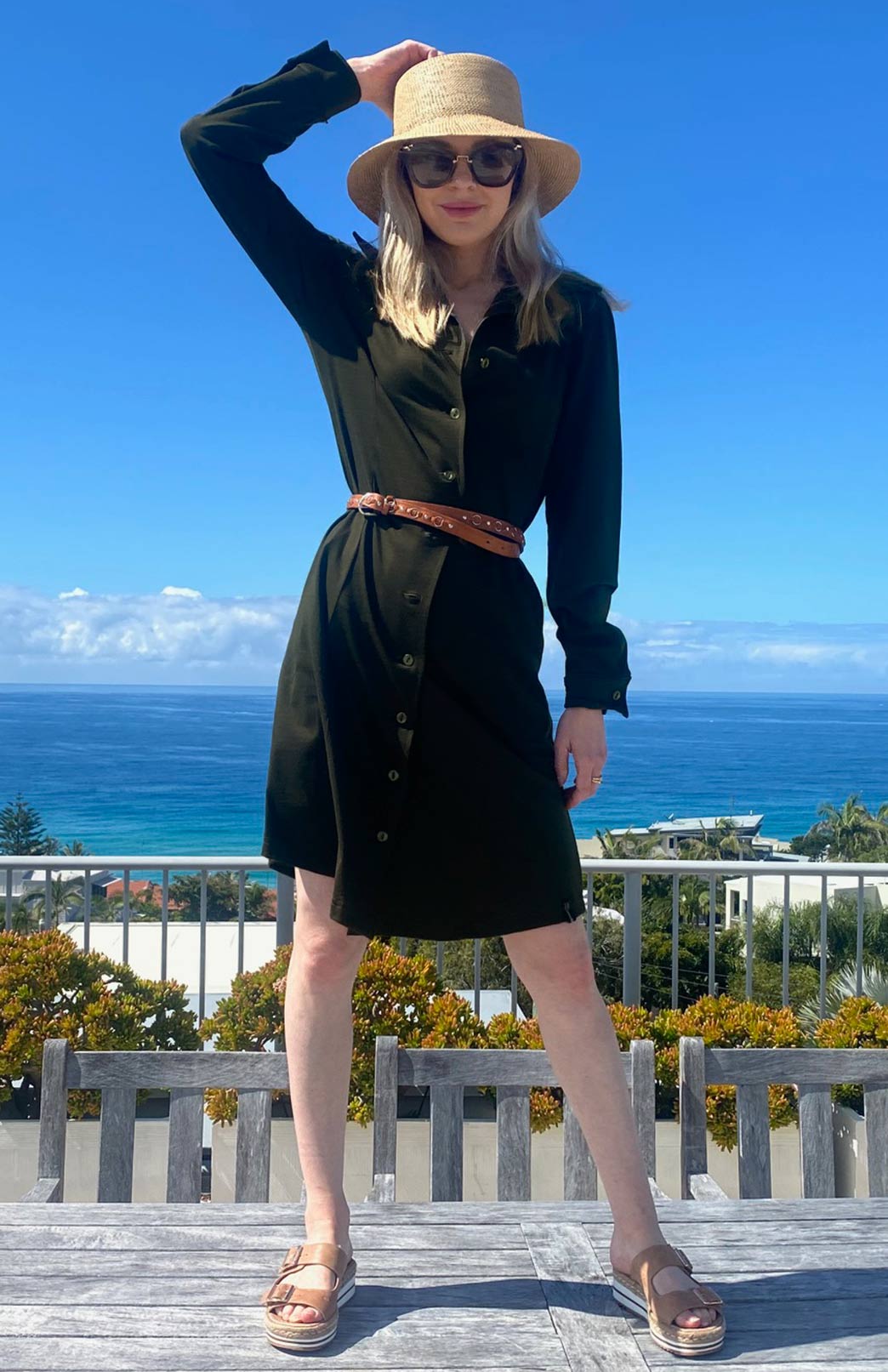 Kale Green Women's Merino Wool Long Sleeve Shirt Dress with Collar and Waist Tie