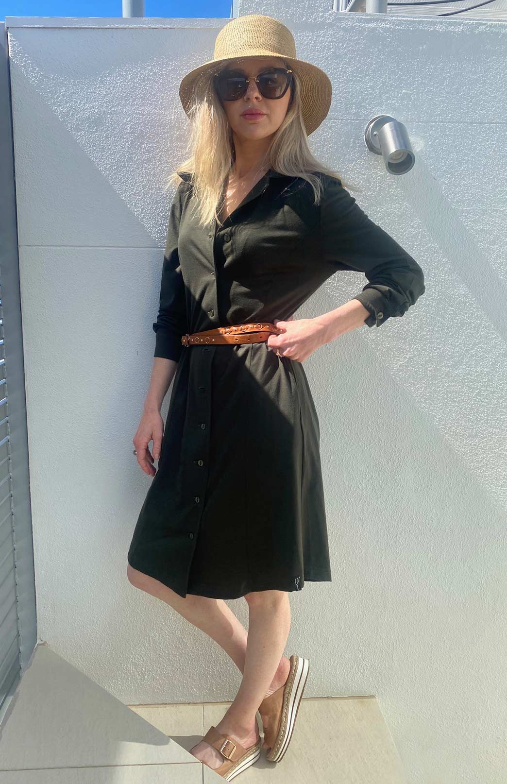 Kale Green Women's Merino Wool Long Sleeve Shirt Dress with Collar and Waist Tie