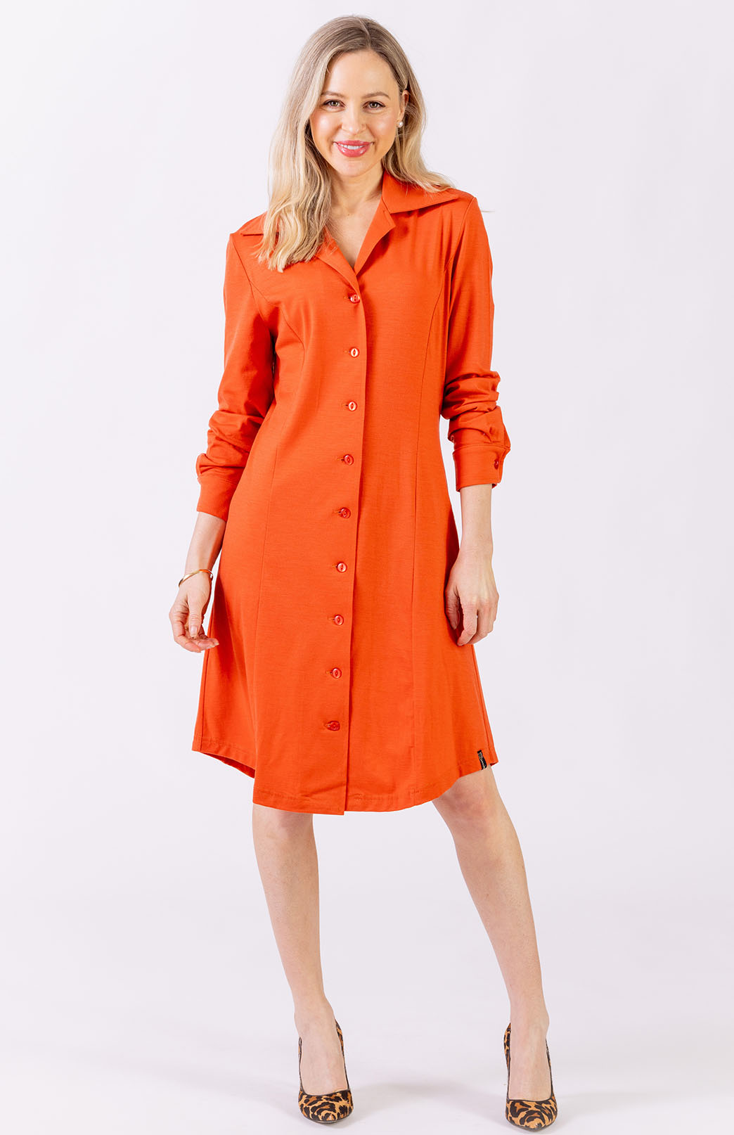 Burnt Orange Women's Merino Wool Long Sleeve Shirt Dress with Collar and Waist Tie
