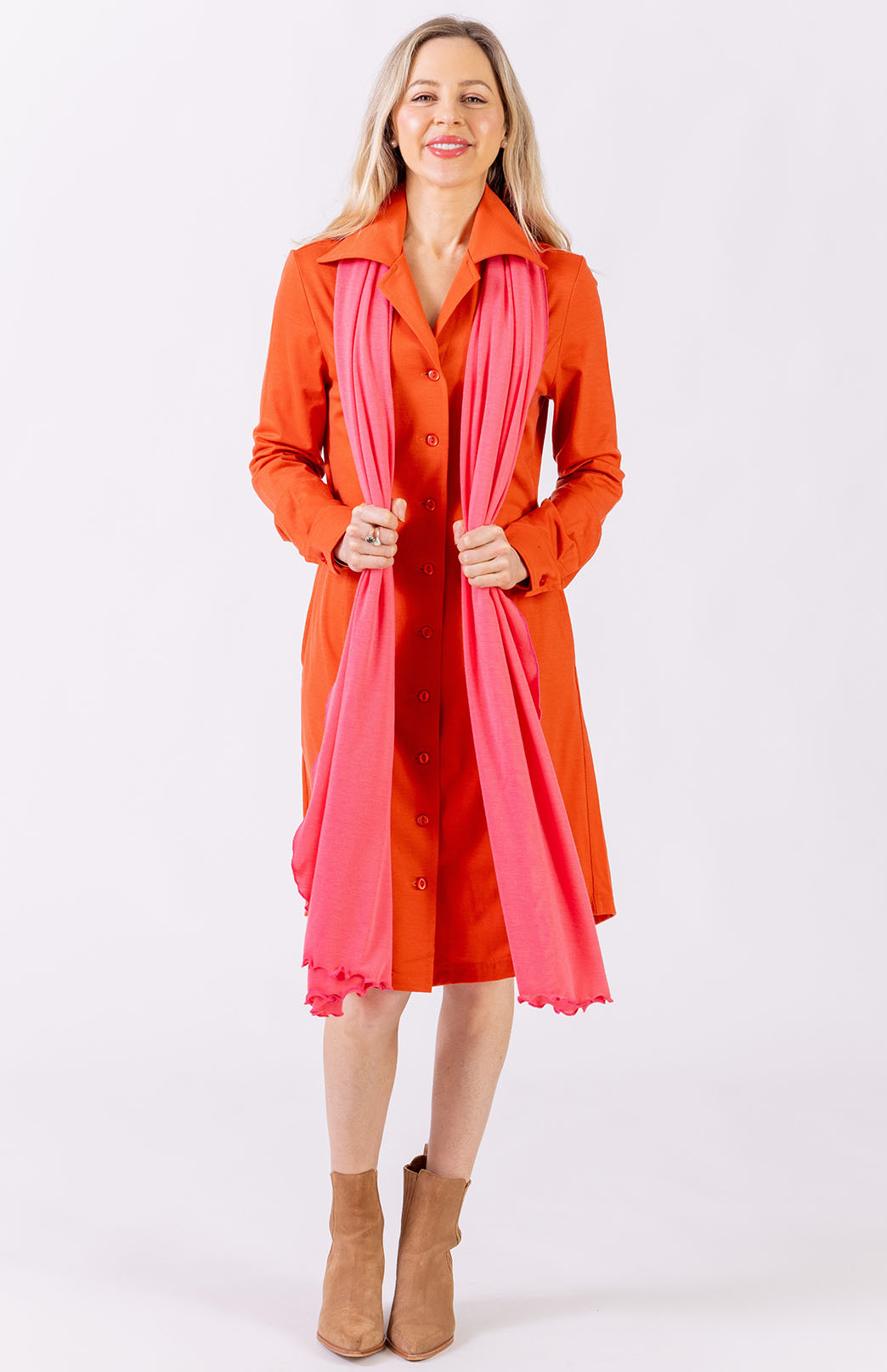 Burnt Orange Women's Merino Wool Long Sleeve Shirt Dress with Collar and Waist Tie