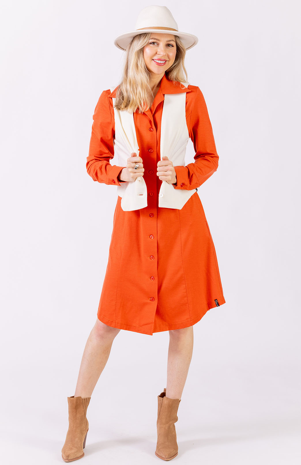 Burnt Orange Women's Merino Wool Long Sleeve Shirt Dress with Collar and Waist Tie