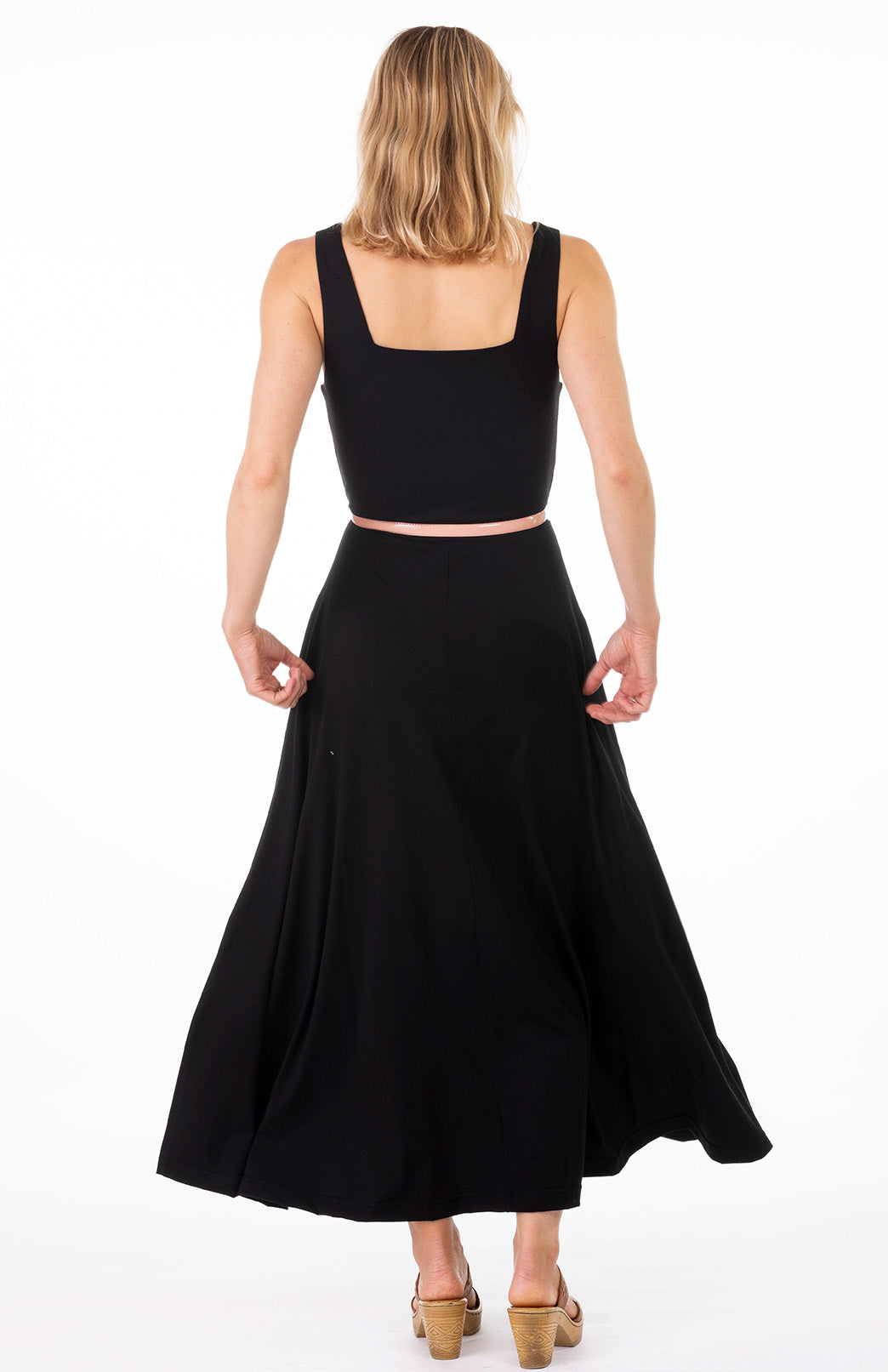 Black Women's Square Neck Wide Strap Fit and Flare Dress