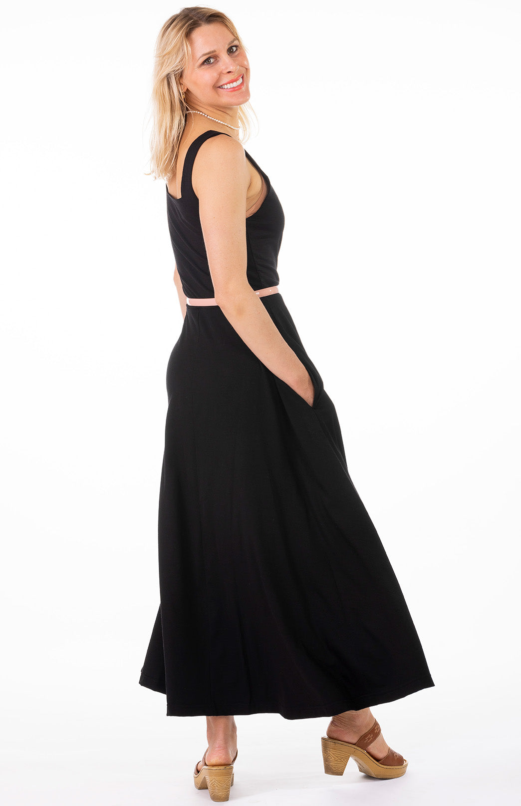 Black Women's Square Neck Wide Strap Fit and Flare Dress