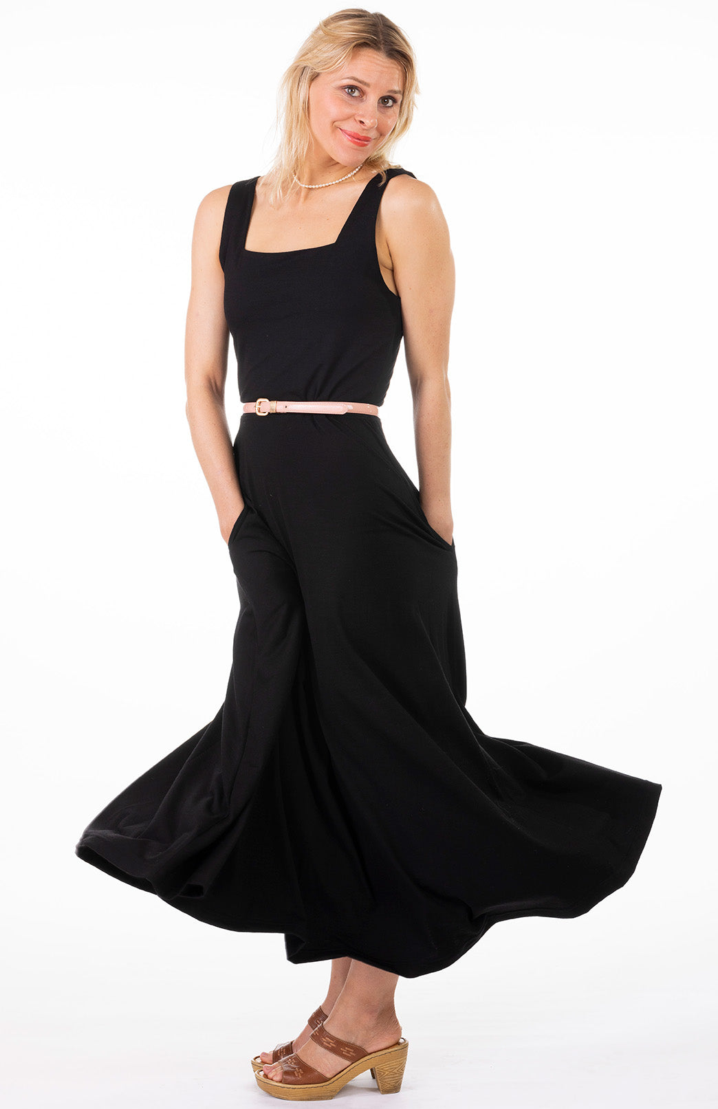 Black Women's Square Neck Wide Strap Fit and Flare Dress