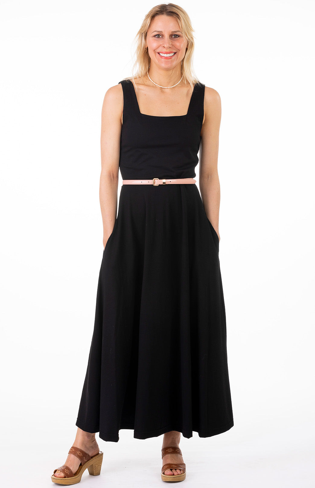 Black Women's Square Neck Wide Strap Fit and Flare Dress