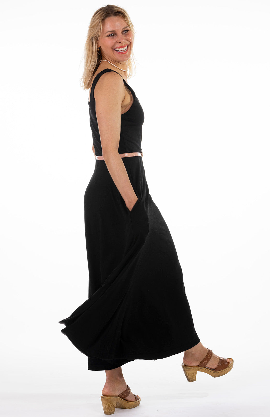 Black Women's Square Neck Wide Strap Fit and Flare Dress