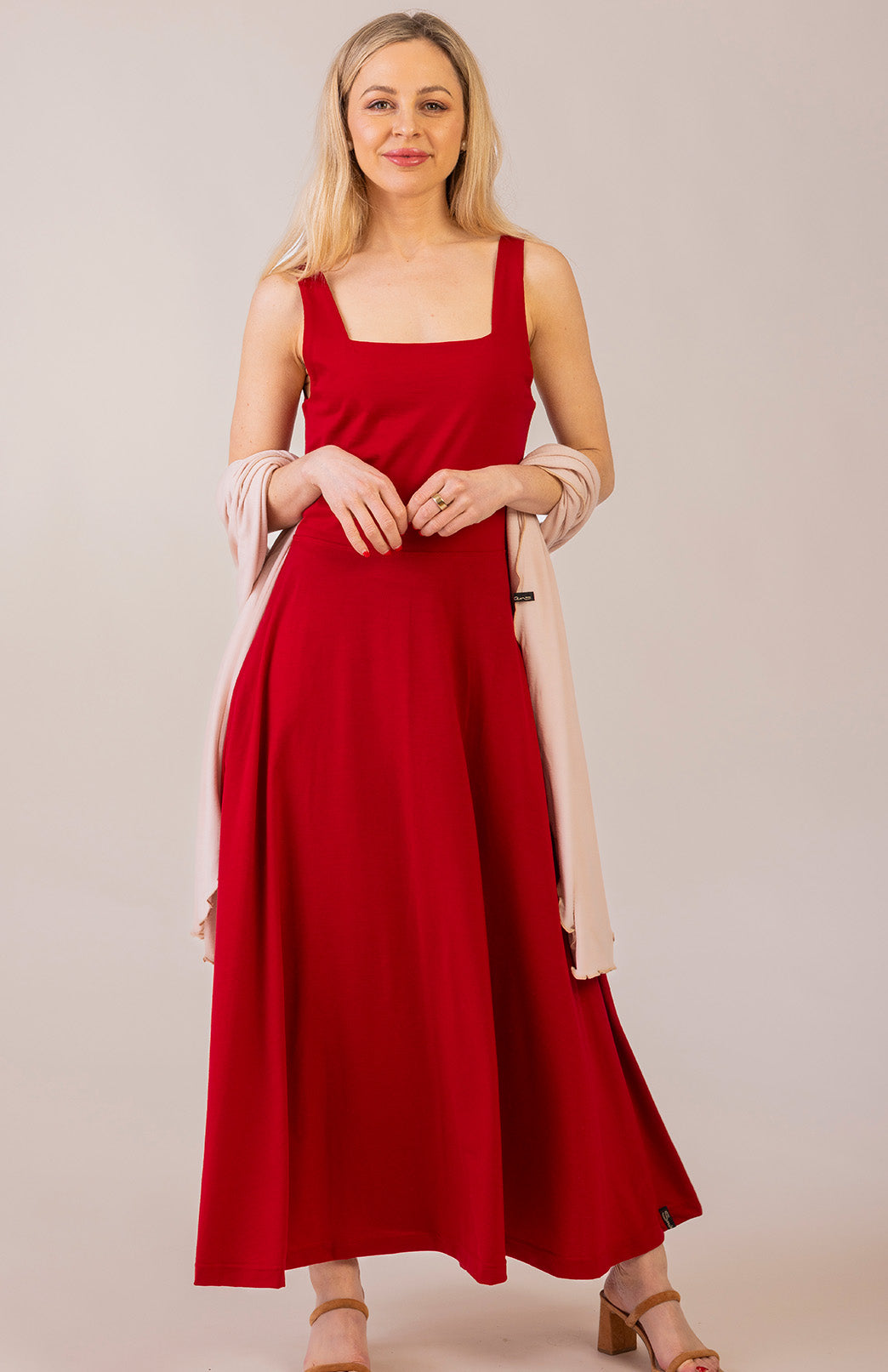 Chilli Red Women's Square Neck Wide Strap Fit and Flare Dress