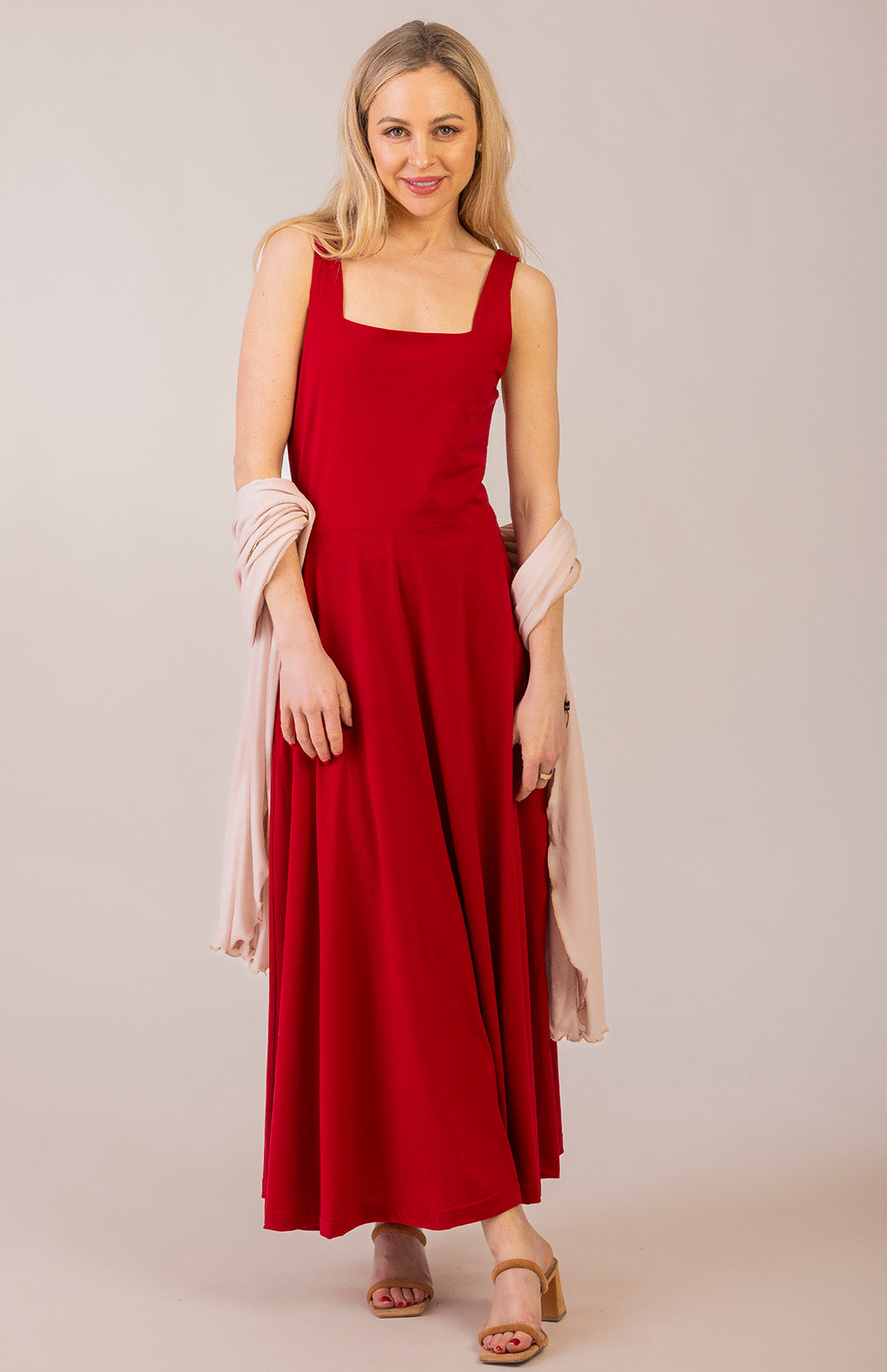 Chilli Red Women's Square Neck Wide Strap Fit and Flare Dress