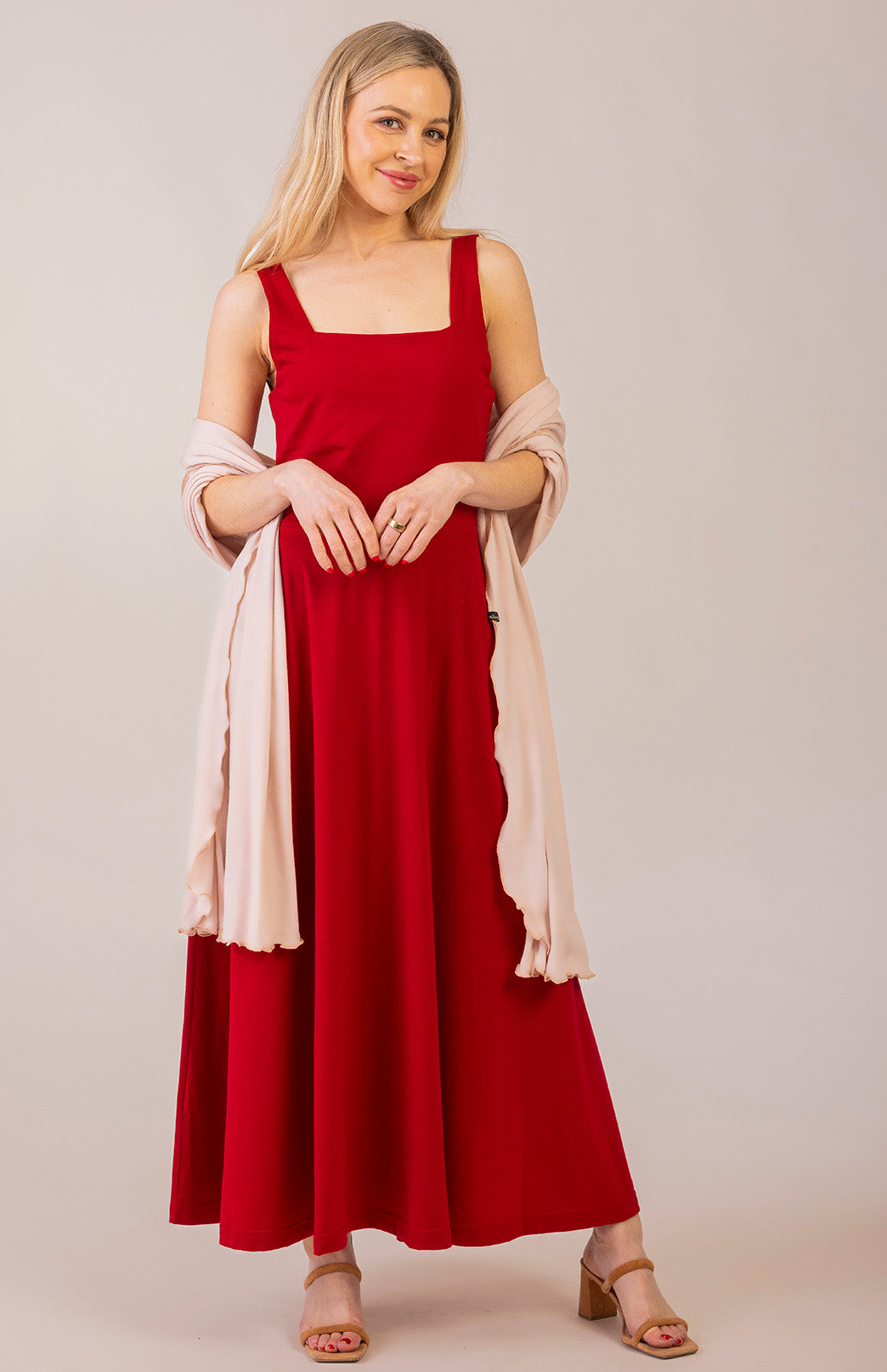 Chilli Red Women&#39;s Square Neck Wide Strap Fit and Flare Dress
