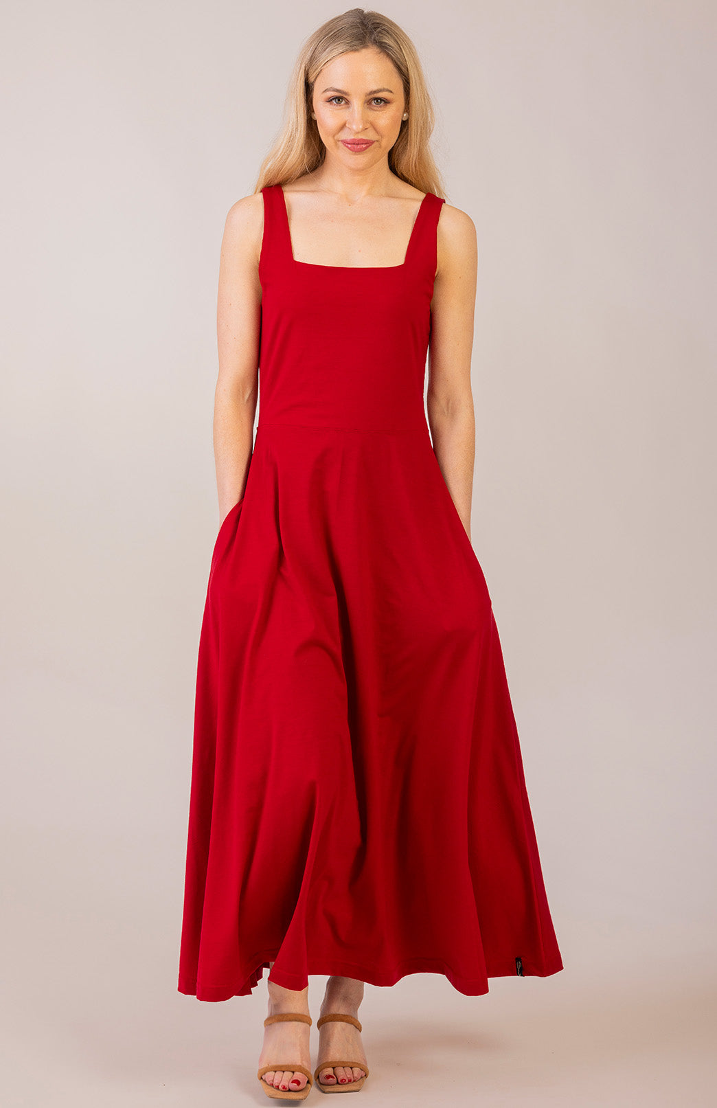 Chilli Red Women's Square Neck Wide Strap Fit and Flare Dress