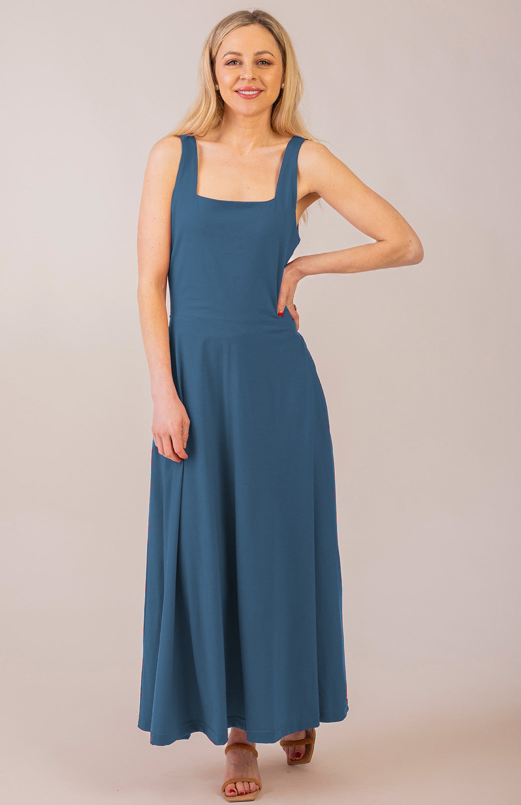 Storm Teal Women's Square Neck Wide Strap Fit and Flare Dress