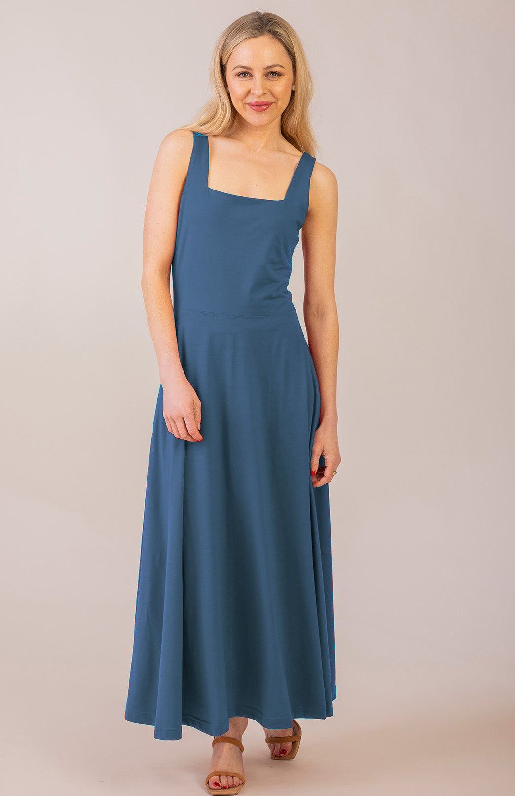 Storm Teal Women's Square Neck Wide Strap Fit and Flare Dress