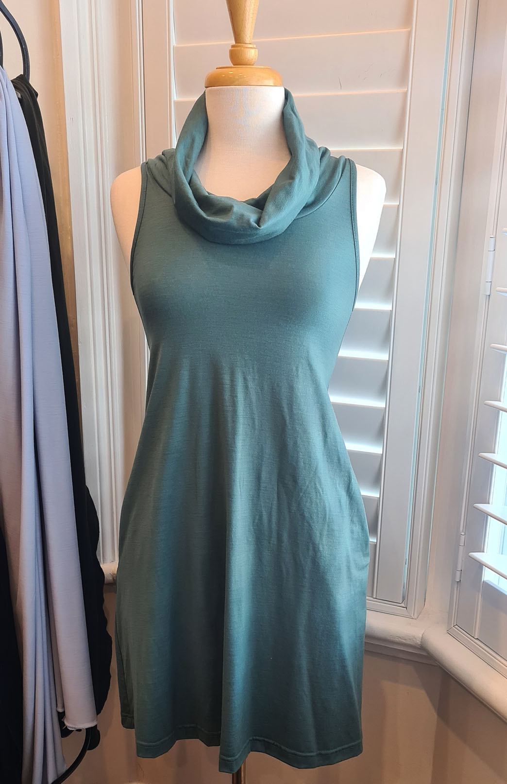 Sage Green Women&#39;s Merino Wool Sleeveless Swing Dress with Cowl Neckline and Pockets
