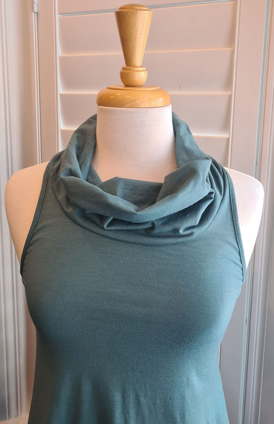 Sage Green Women&#39;s Merino Wool Sleeveless Swing Dress with Cowl Neckline and Pockets
