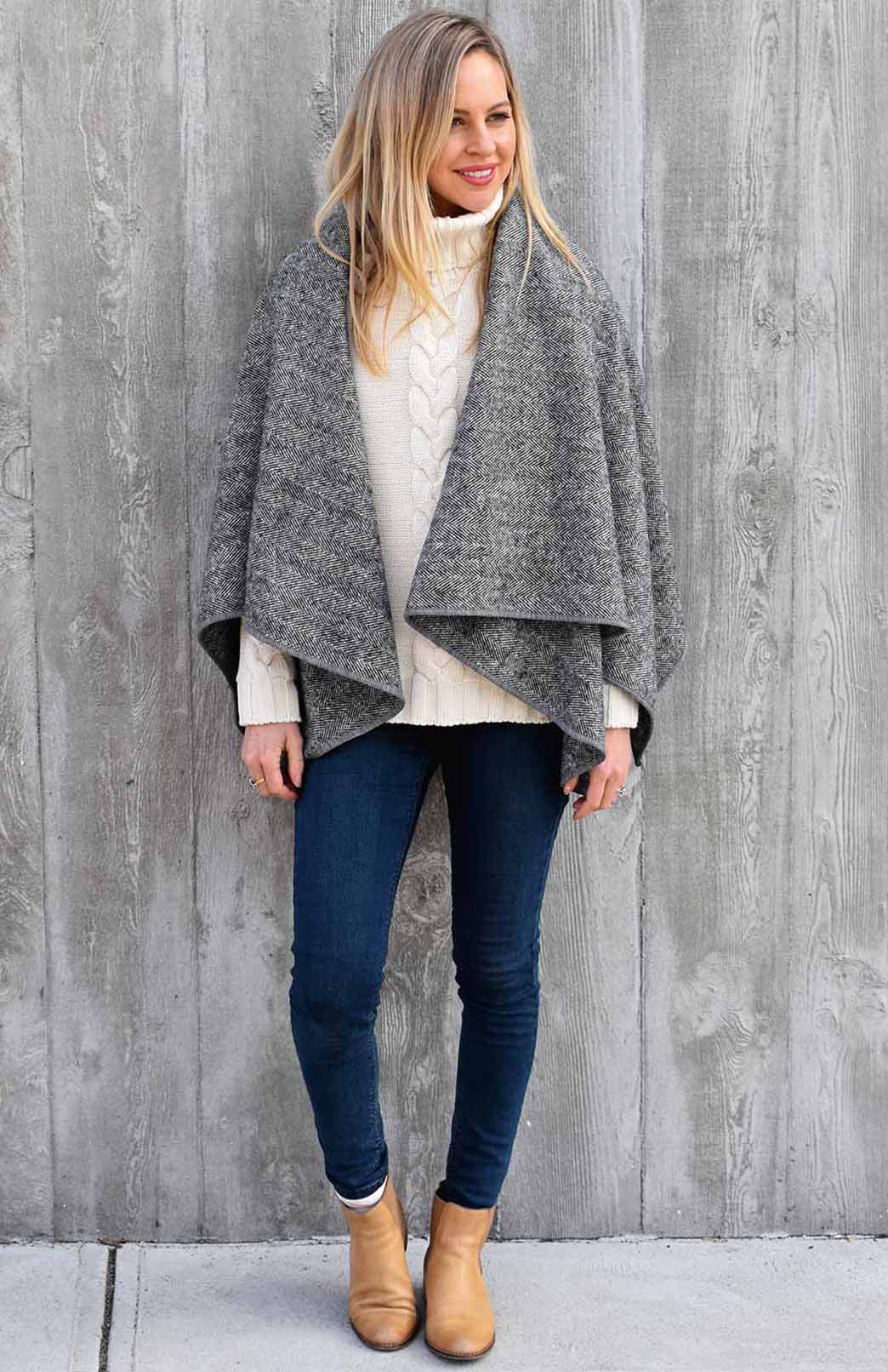 Graphite Herringbone Women's Merino Wool Sleeveless Wrap