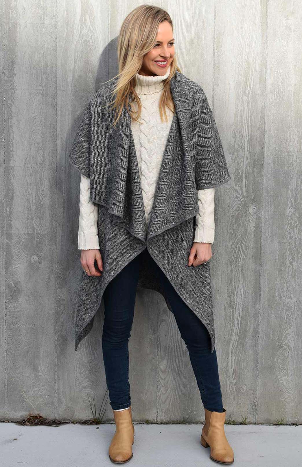 Graphite Herringbone Women's Merino Wool Sleeveless Wrap