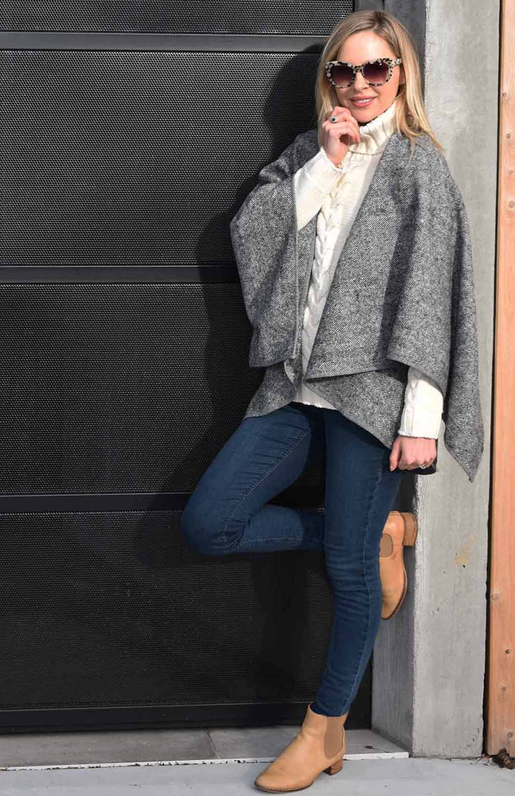 Graphite Herringbone Women's Merino Wool Sleeveless Wrap