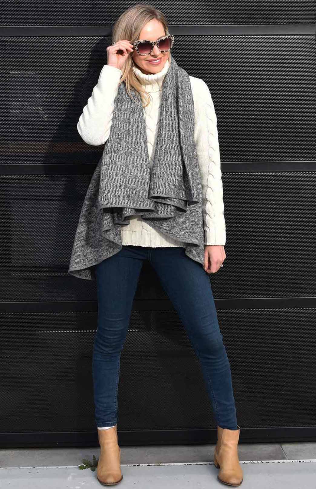 Graphite Herringbone Women's Merino Wool Sleeveless Wrap