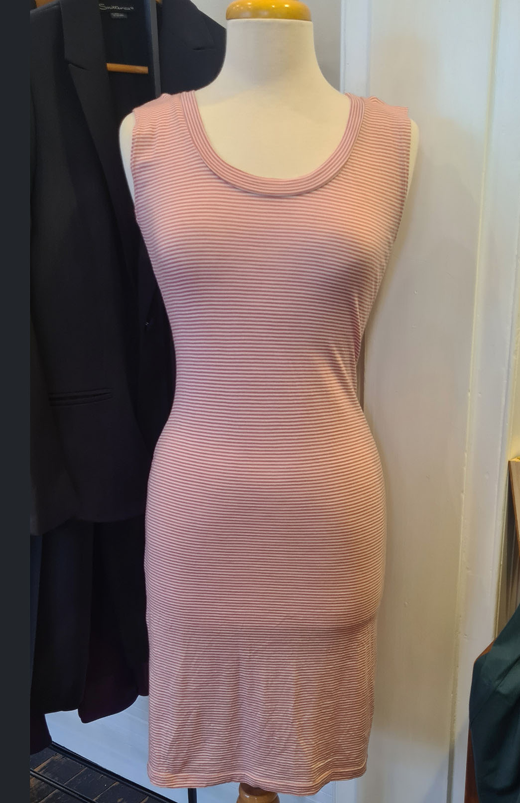 Pink Fine Stripe Women&#39;s Merino Wool Sleeveless Scoop Neck Dress
