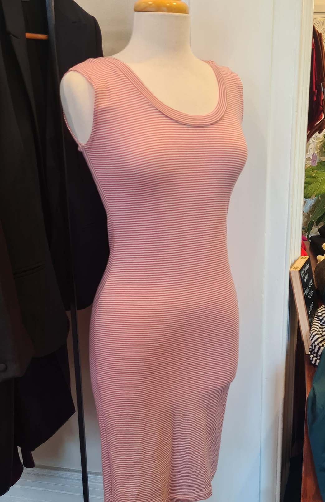 Pink Fine Stripe Women&#39;s Merino Wool Sleeveless Scoop Neck Dress
