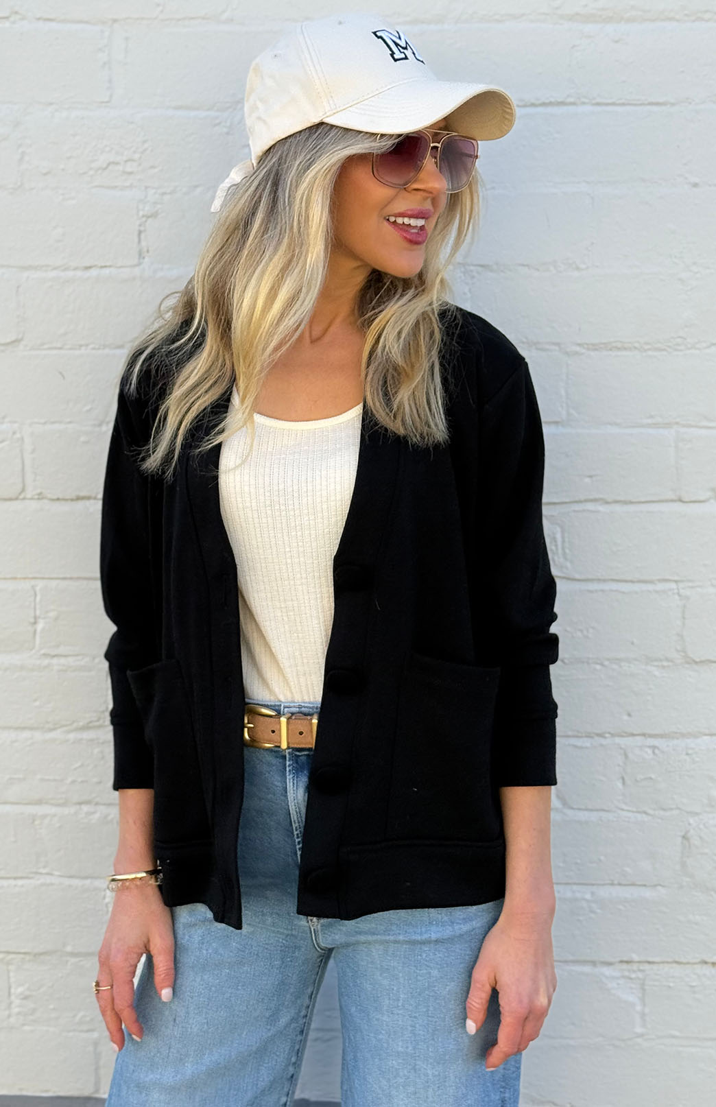 Black Women's Merino Wool Ponte Relax Fit Cardigan with Buttons